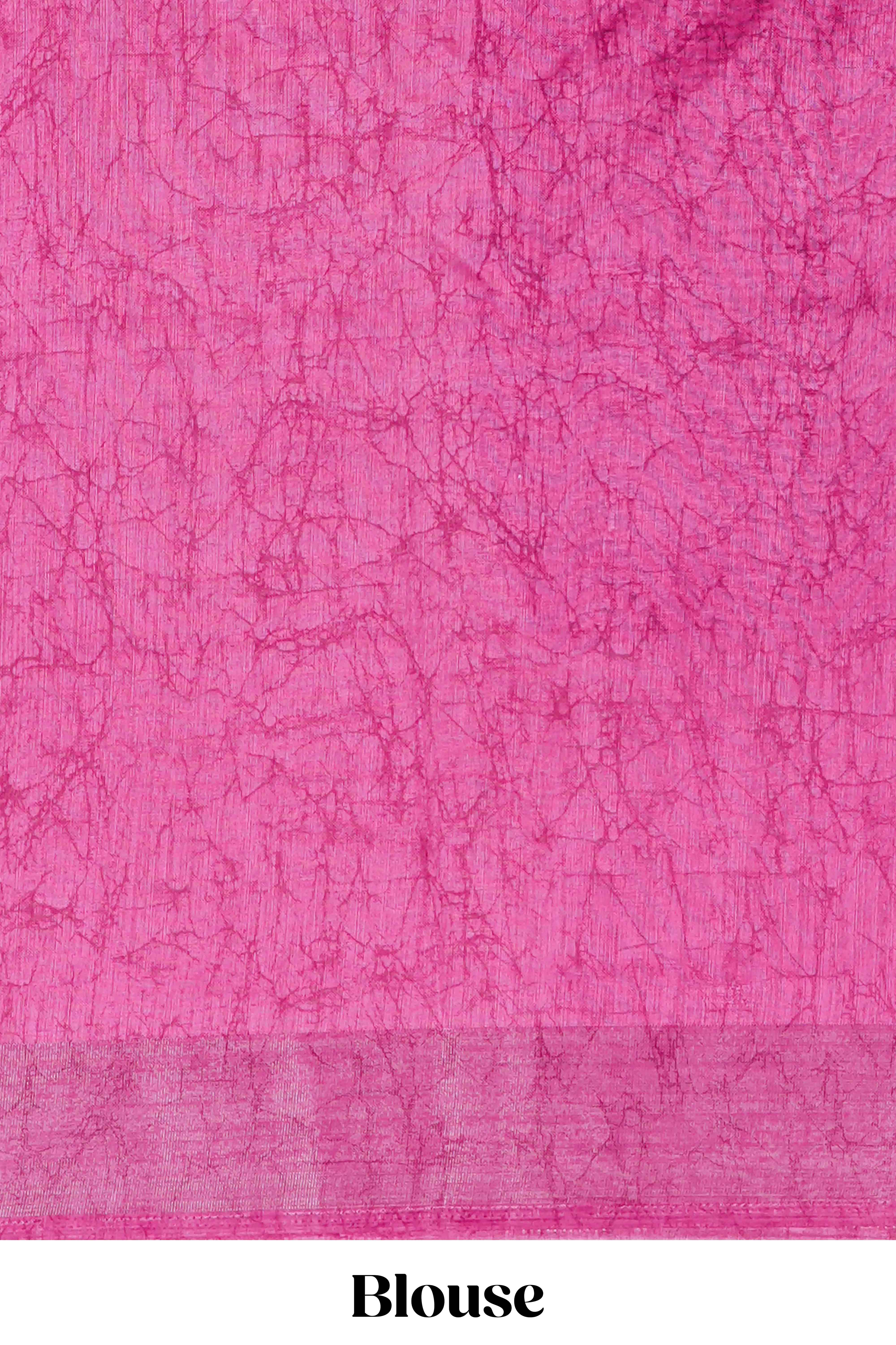 Pink south cotton saree with bandhini print body & pallu and silver bawanchi border