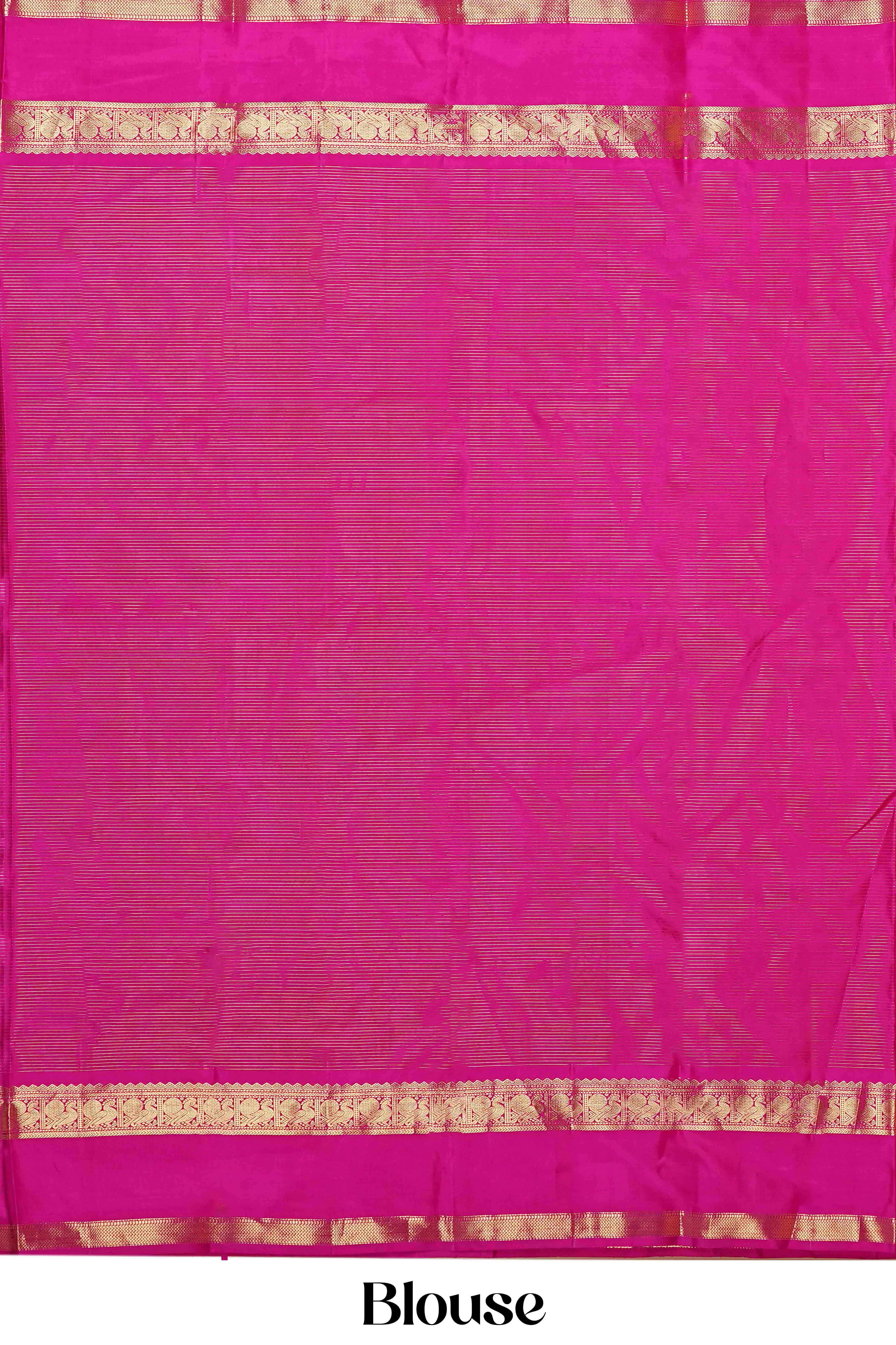 Kanchipuram Vaira Oosi Silk Saree in Bright Pink with Gold Zari and Contrast Magenta Border