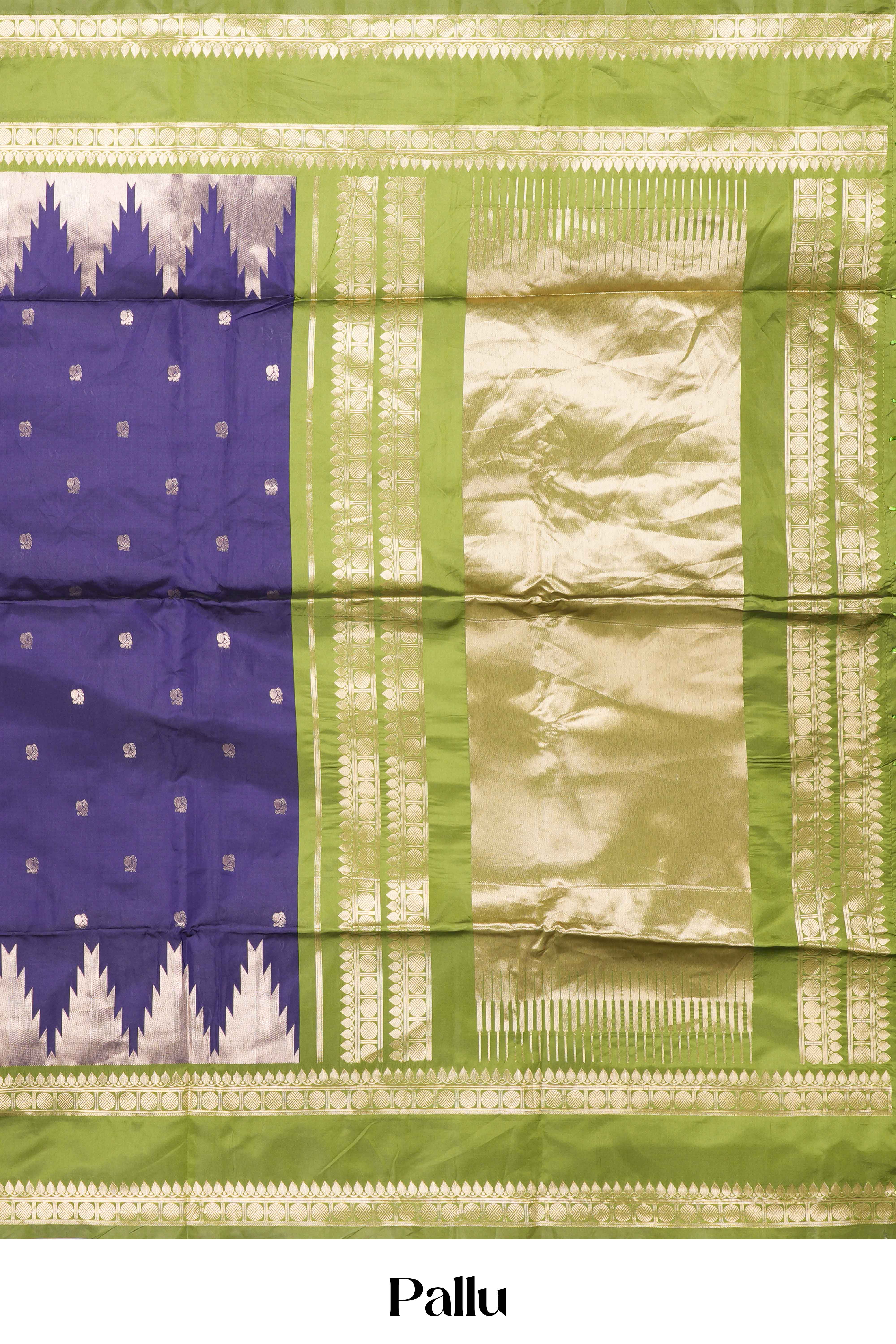 Blue Semi Art Silk Saree Delicate Golden Zari Motifs Along With Thalampoo Zari Woven Across The Body. The Border Is Broad With Intricate FloralZari Weaving Rich Golden Zari Pallu