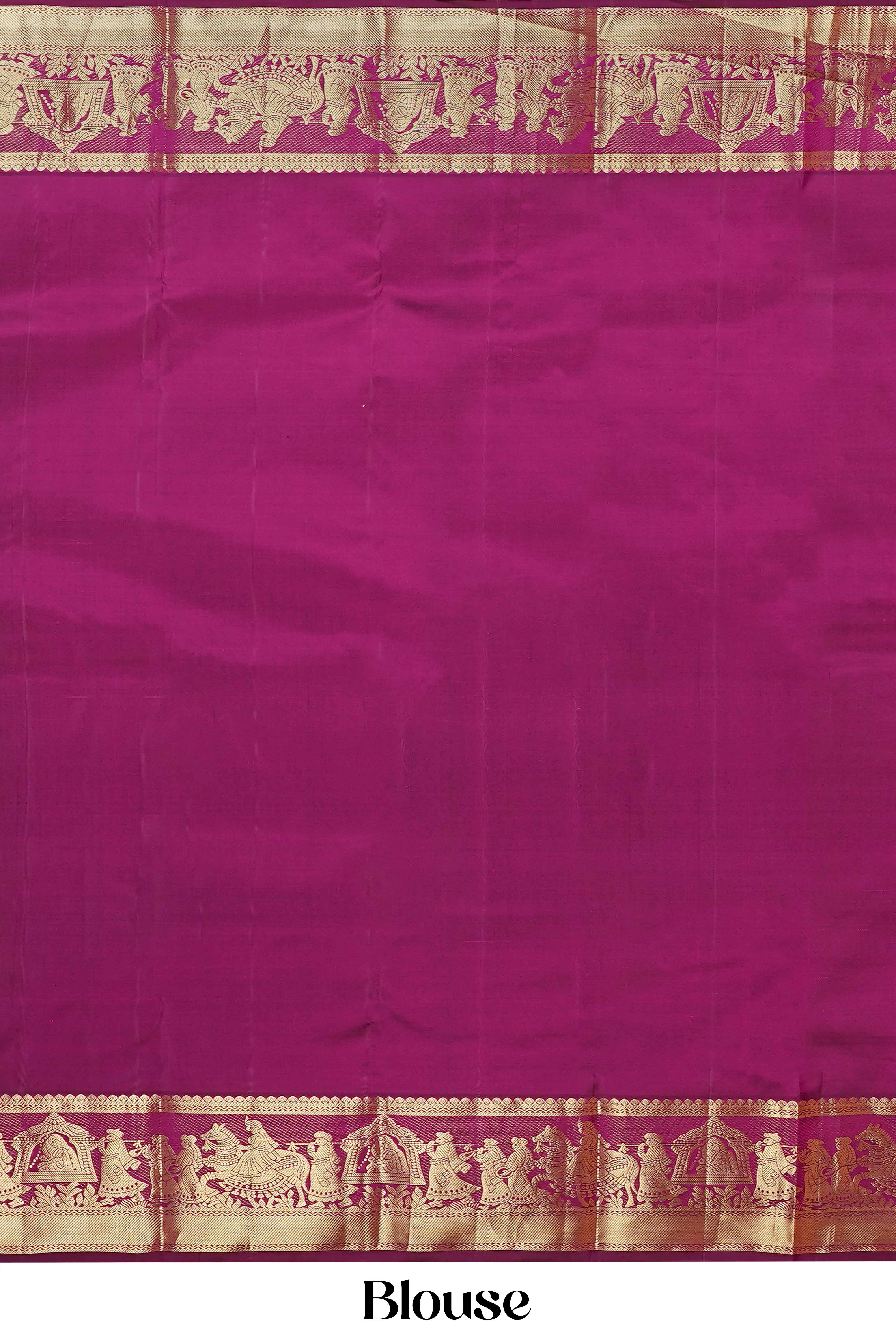 Kanchipuram Traditional Silk Saree in Magenta with Gold Zari Buttas & Self Border