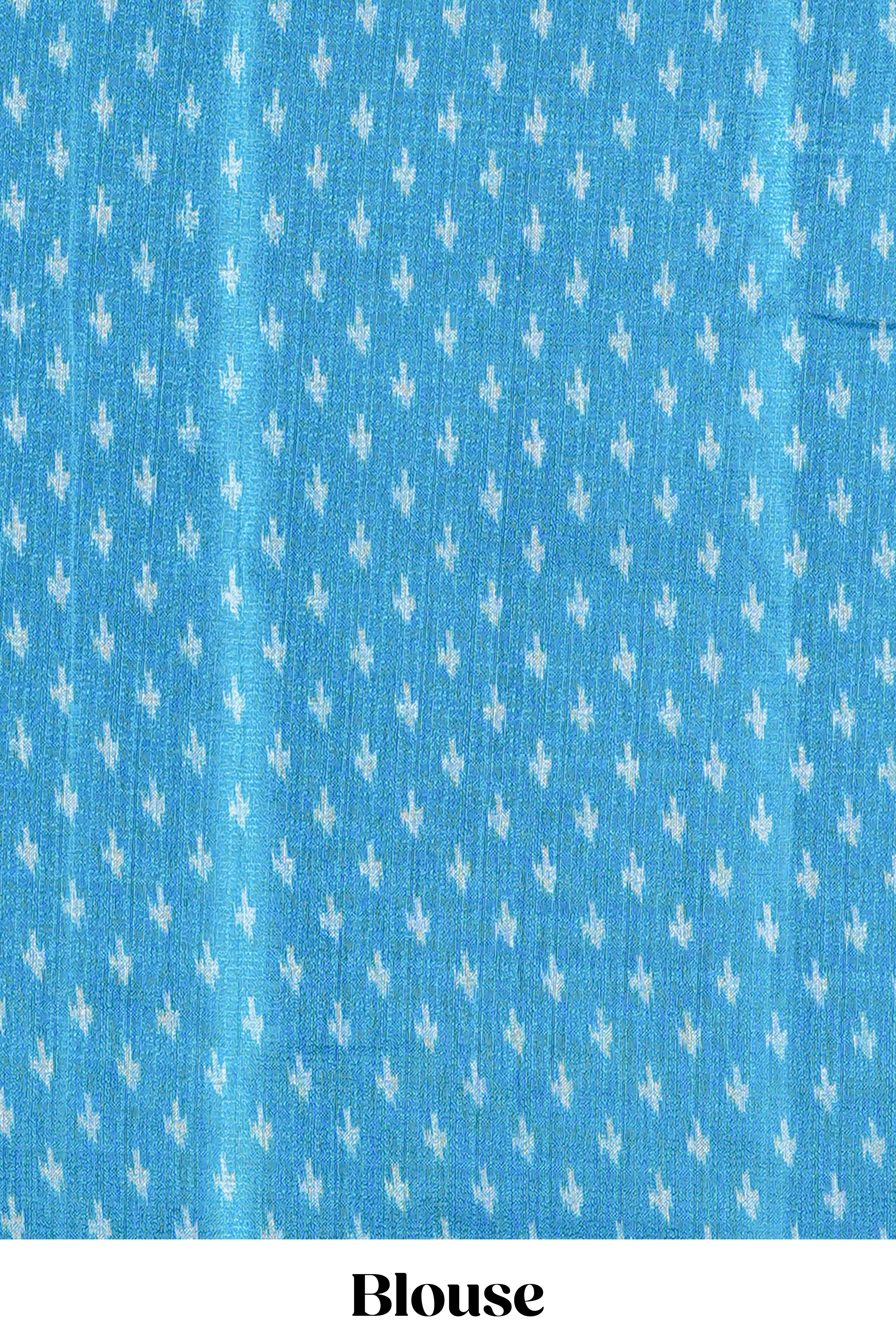 Blue & white geometric ikkat style south cotton saree with striped pallu and blouse