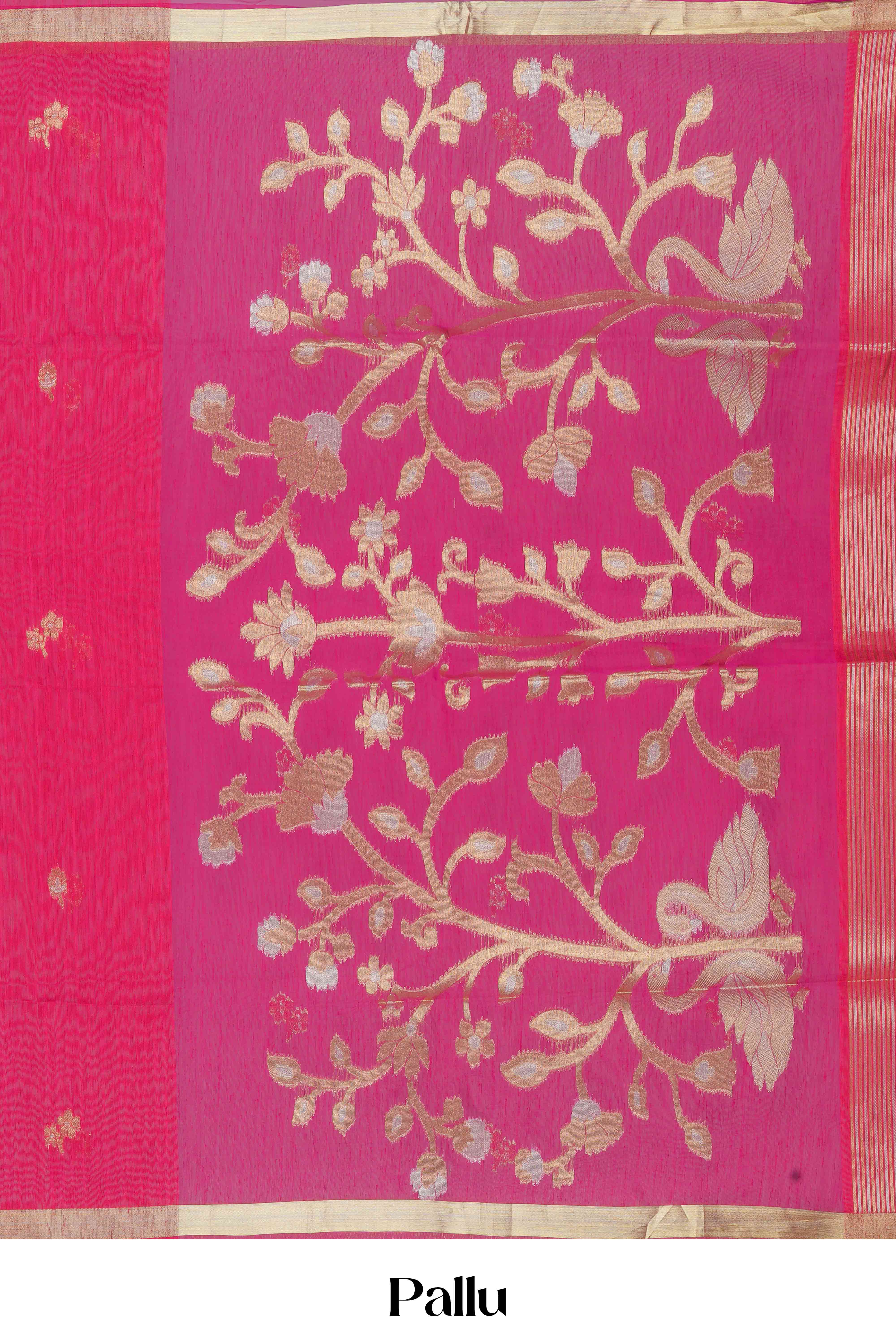 Pink Munga Cotton Zari Butta With Gold Zari Floral Design Pallu