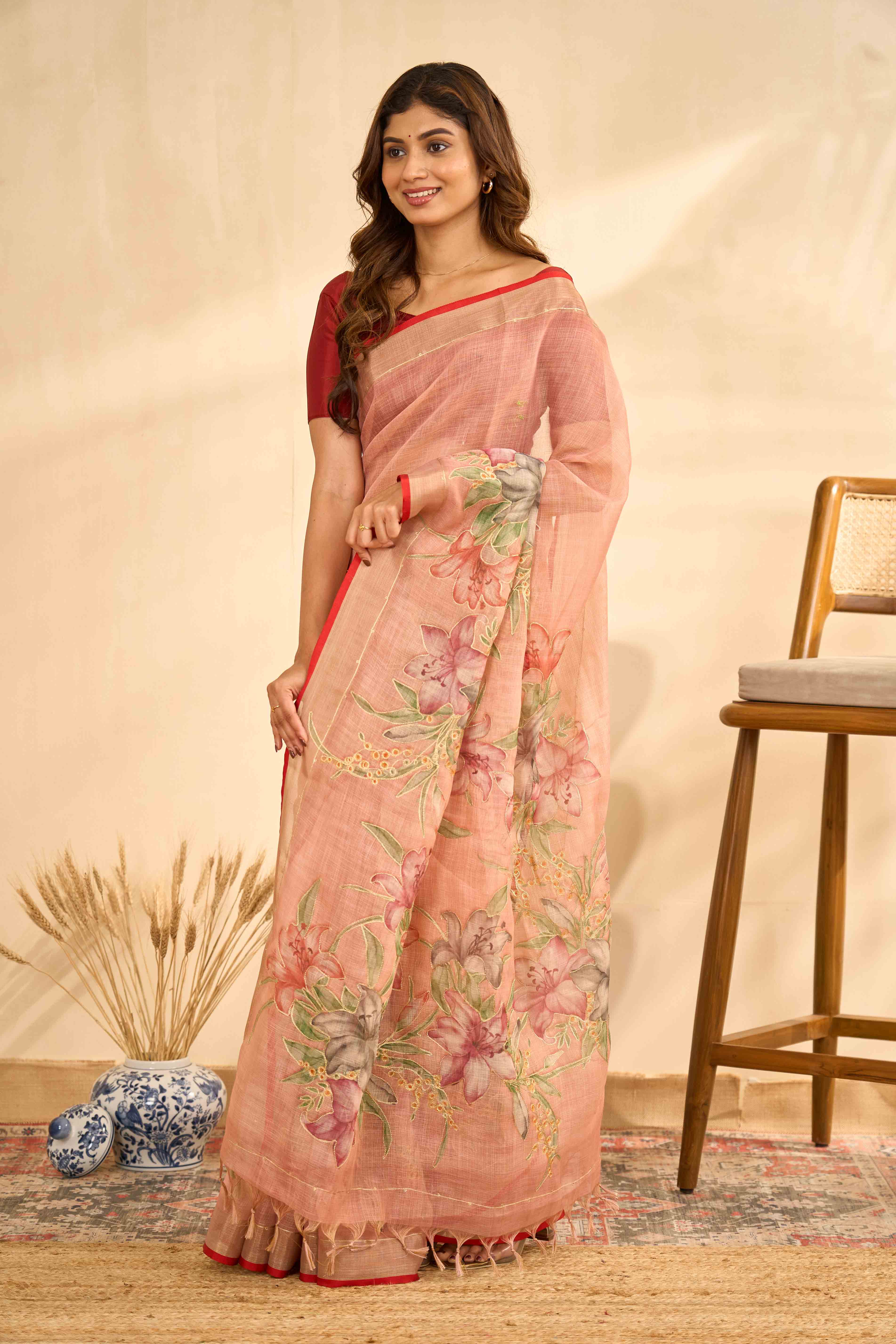 Peach Linen Sarees With Aari Work And Digital Printed