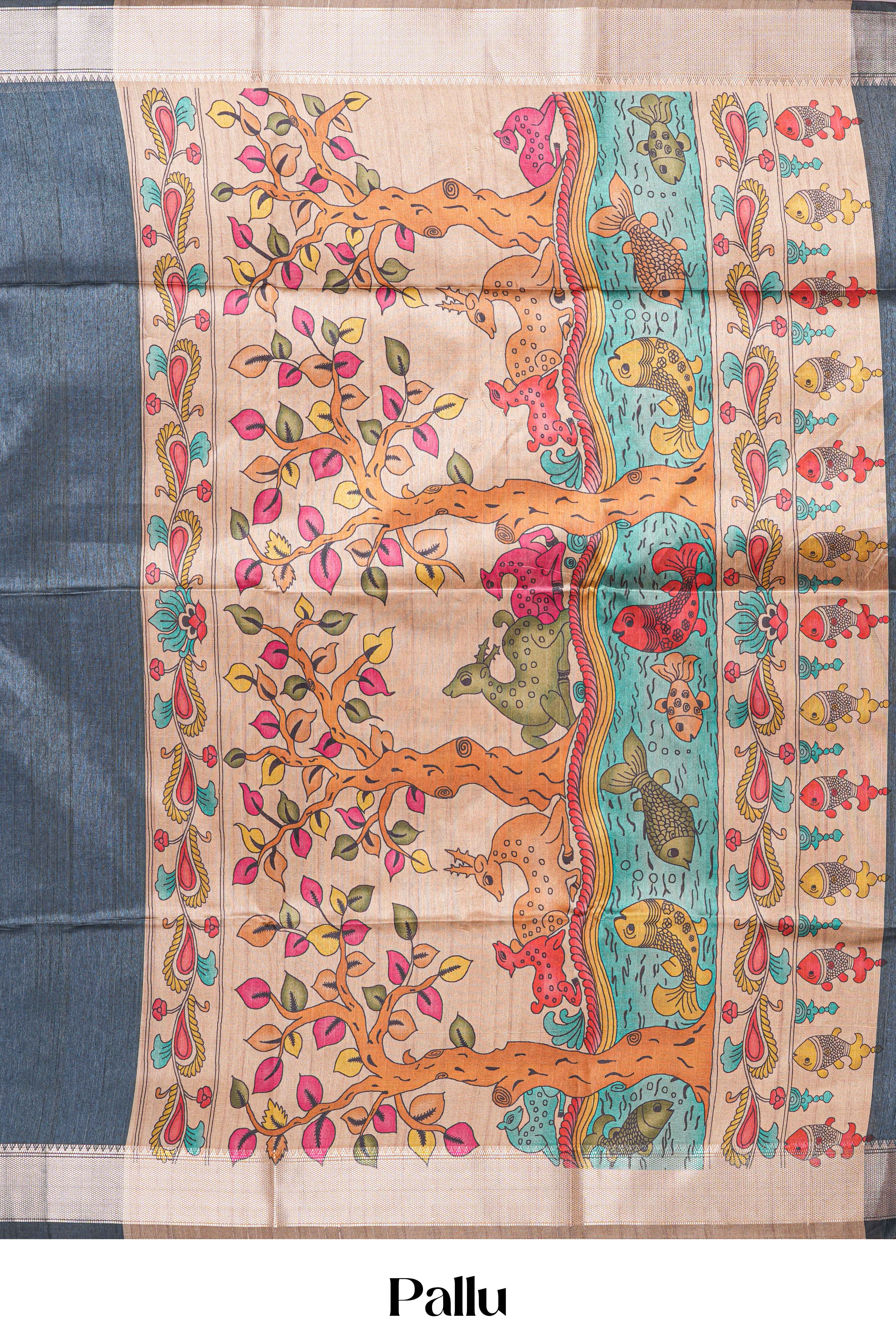 Chappa Tussar Saree Body Plain With Kalamkari Print Pallu Along With Flower Motifs Blouse
