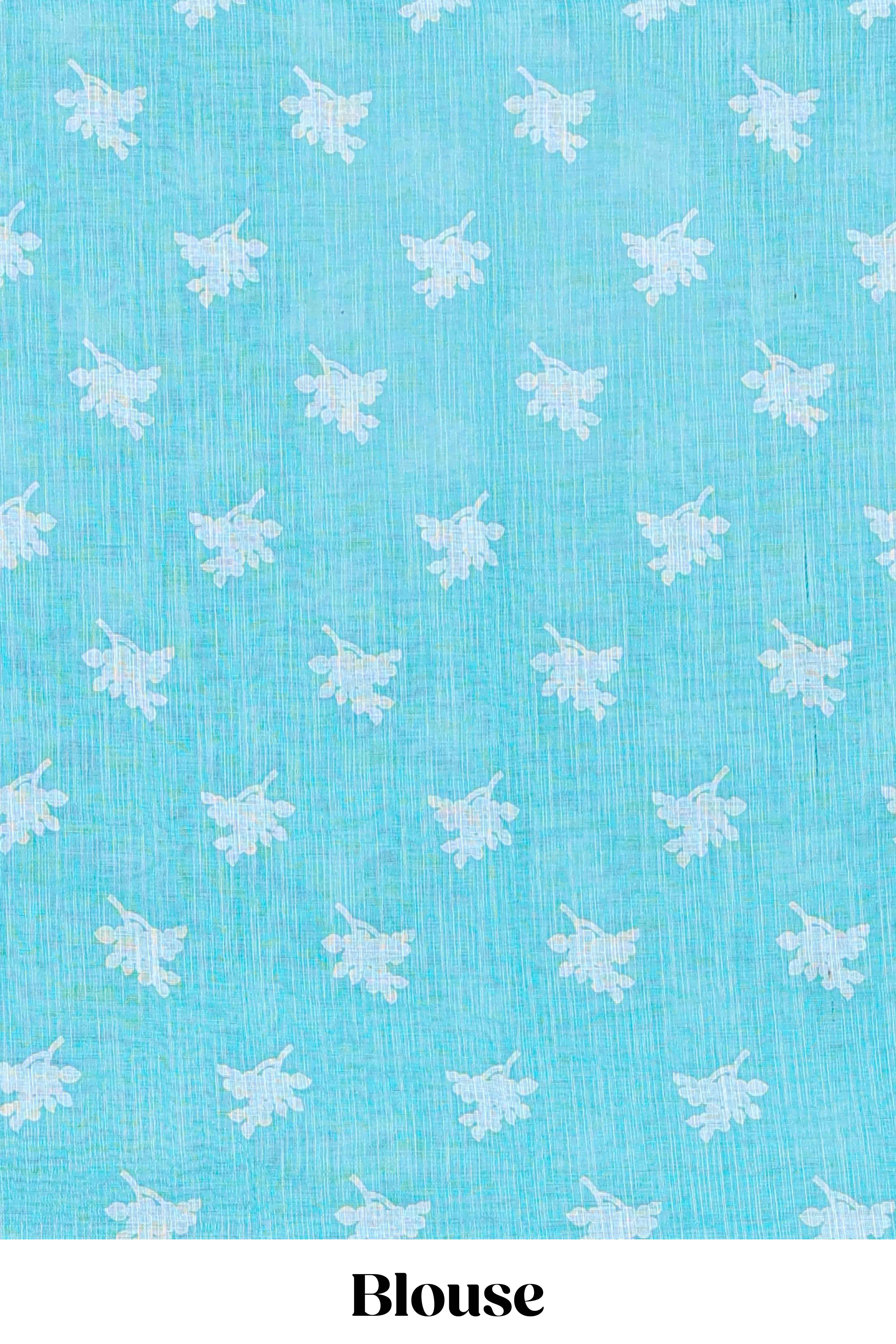 Turquoise green linen cotton floral and birds print saree with self border and matching printed blouse