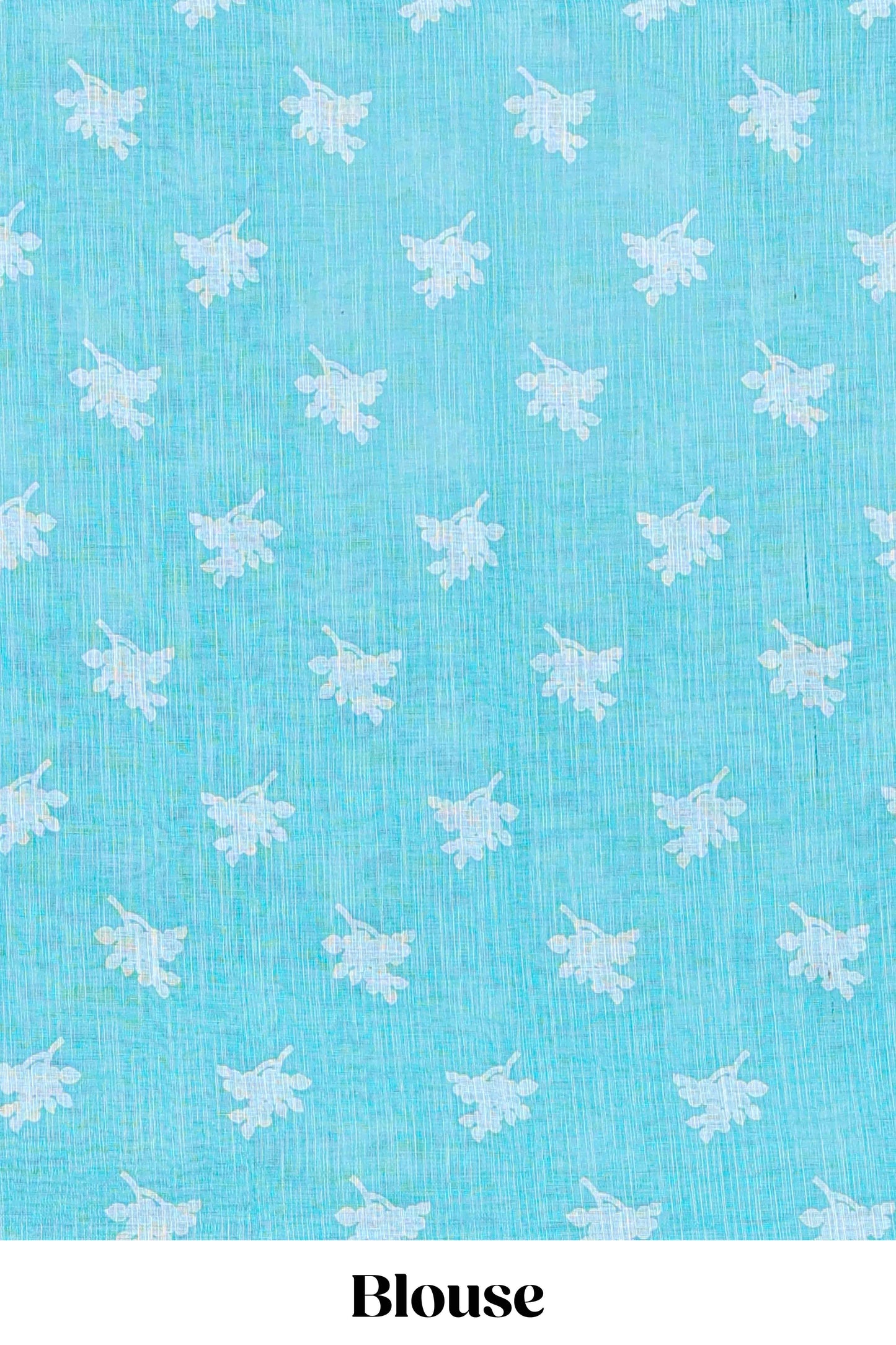 Turquoise green linen cotton floral and birds print saree with self border and matching printed blouse
