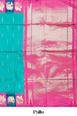 Peacock Blue Semi Art Silk Saree All Over Zari Butta With Contrast Zari Pallu