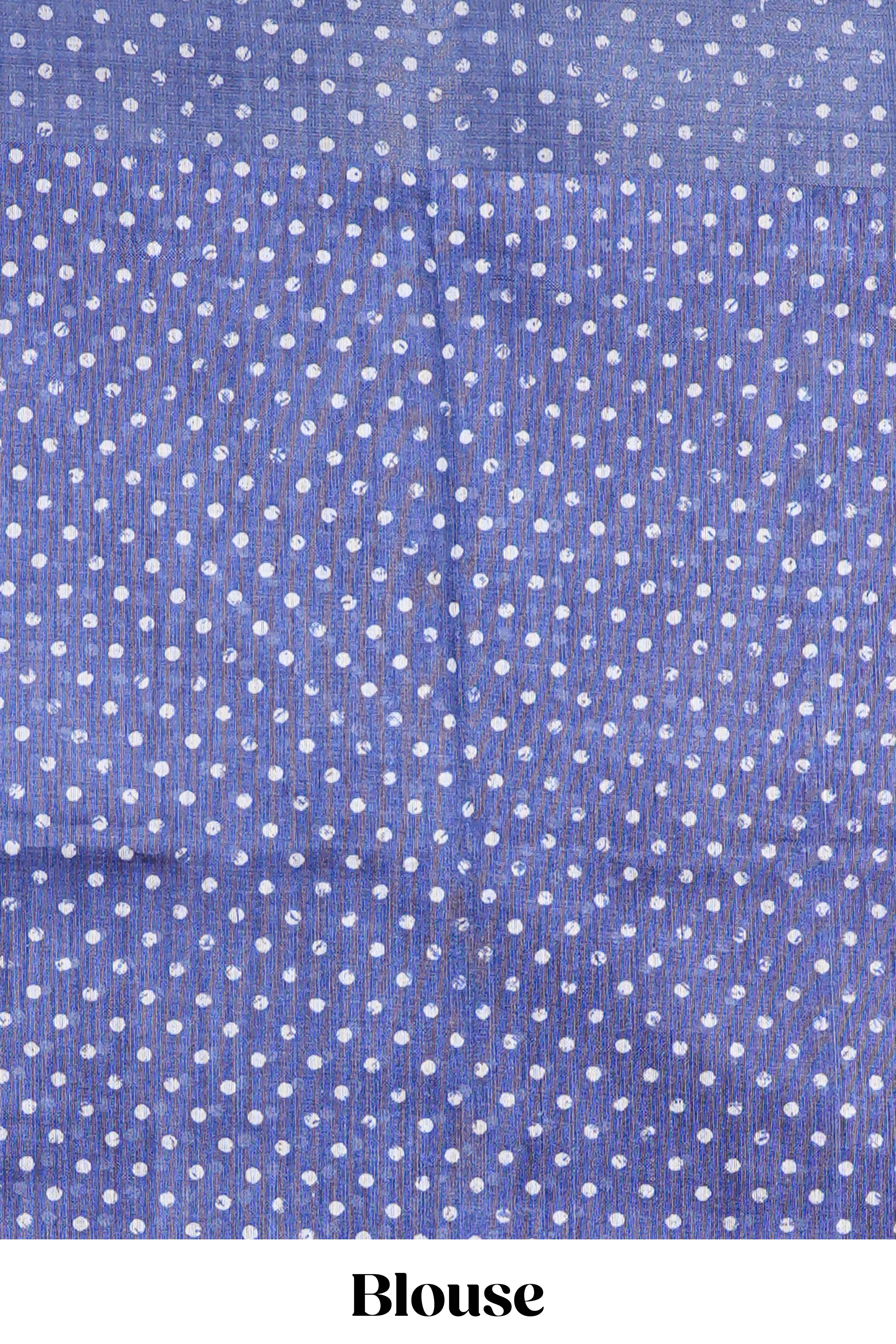Blue floral and geometric print south cotton saree with self border and matching blouse