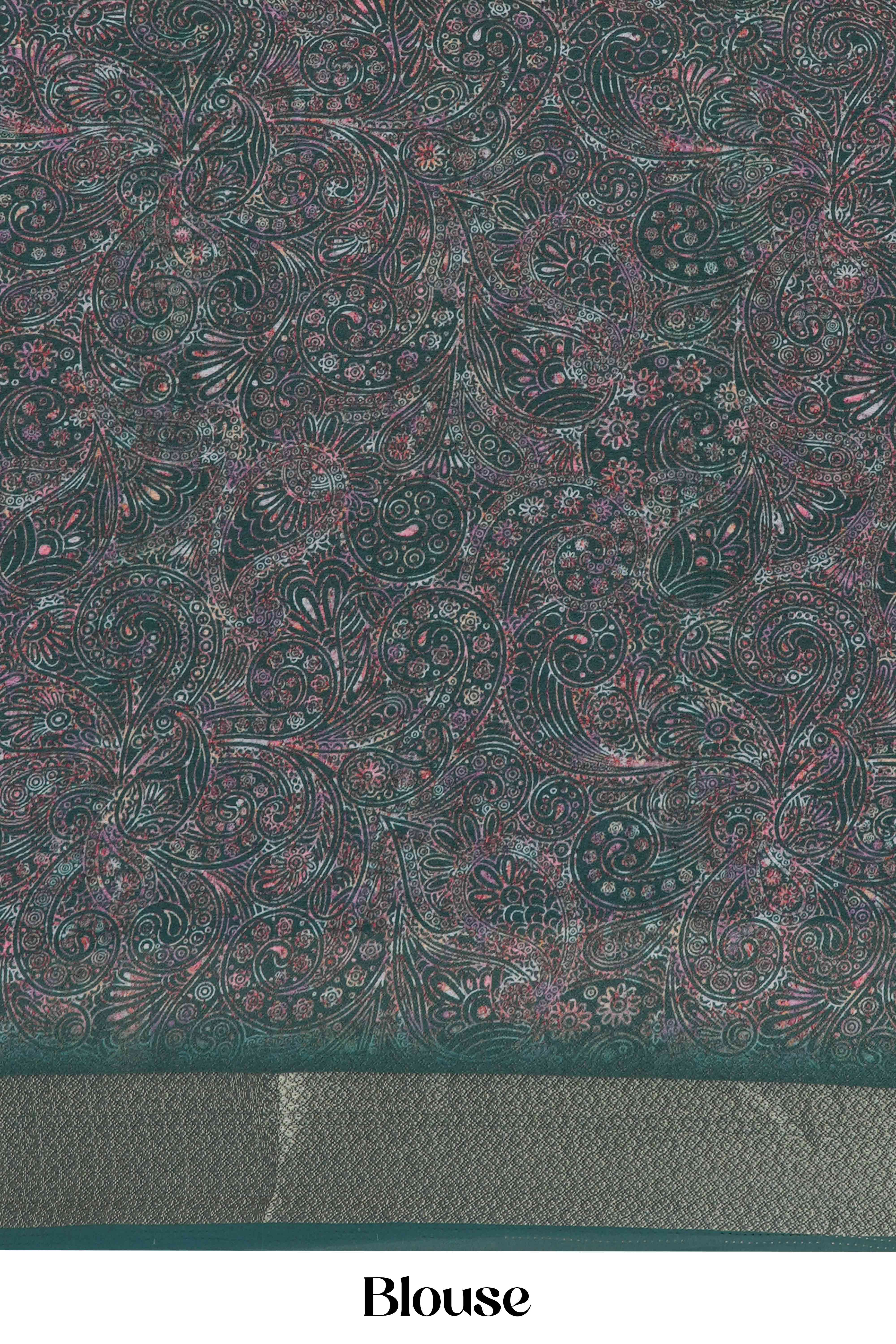 Green Semi Chiffon Pattachitra Printed Saree With Jacquard Border Along With Blouse