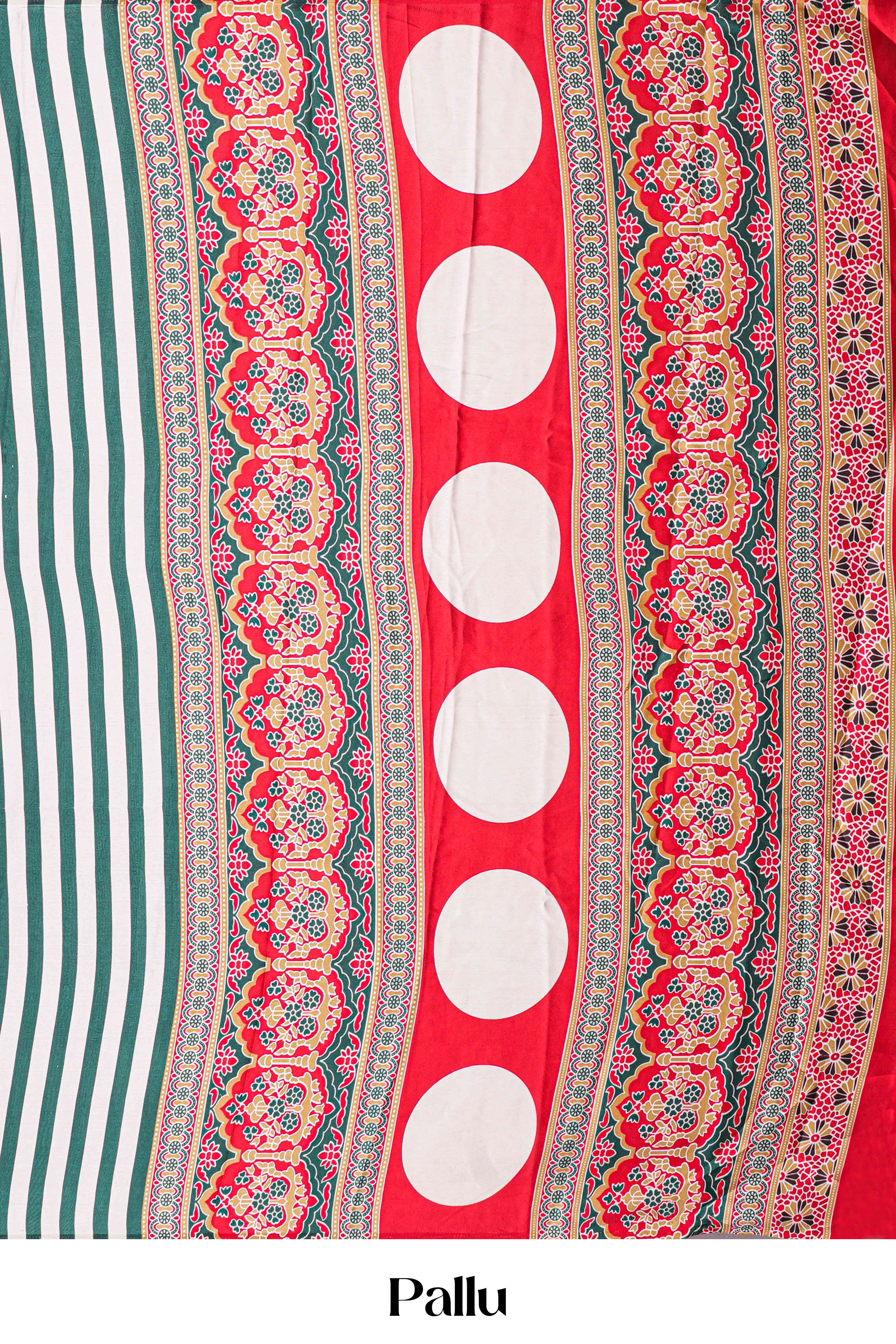 White Modal Silk Saree Detailing Vertical Green Stripes That Add a Sleek and Elegant Touch. Highlighted Contrast Ajrakh Print Pallu Along With Blouse