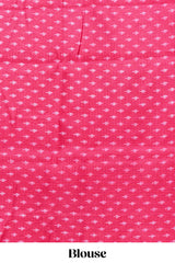 Pink & white geometric ikkat style south cotton saree with striped pallu and blouse