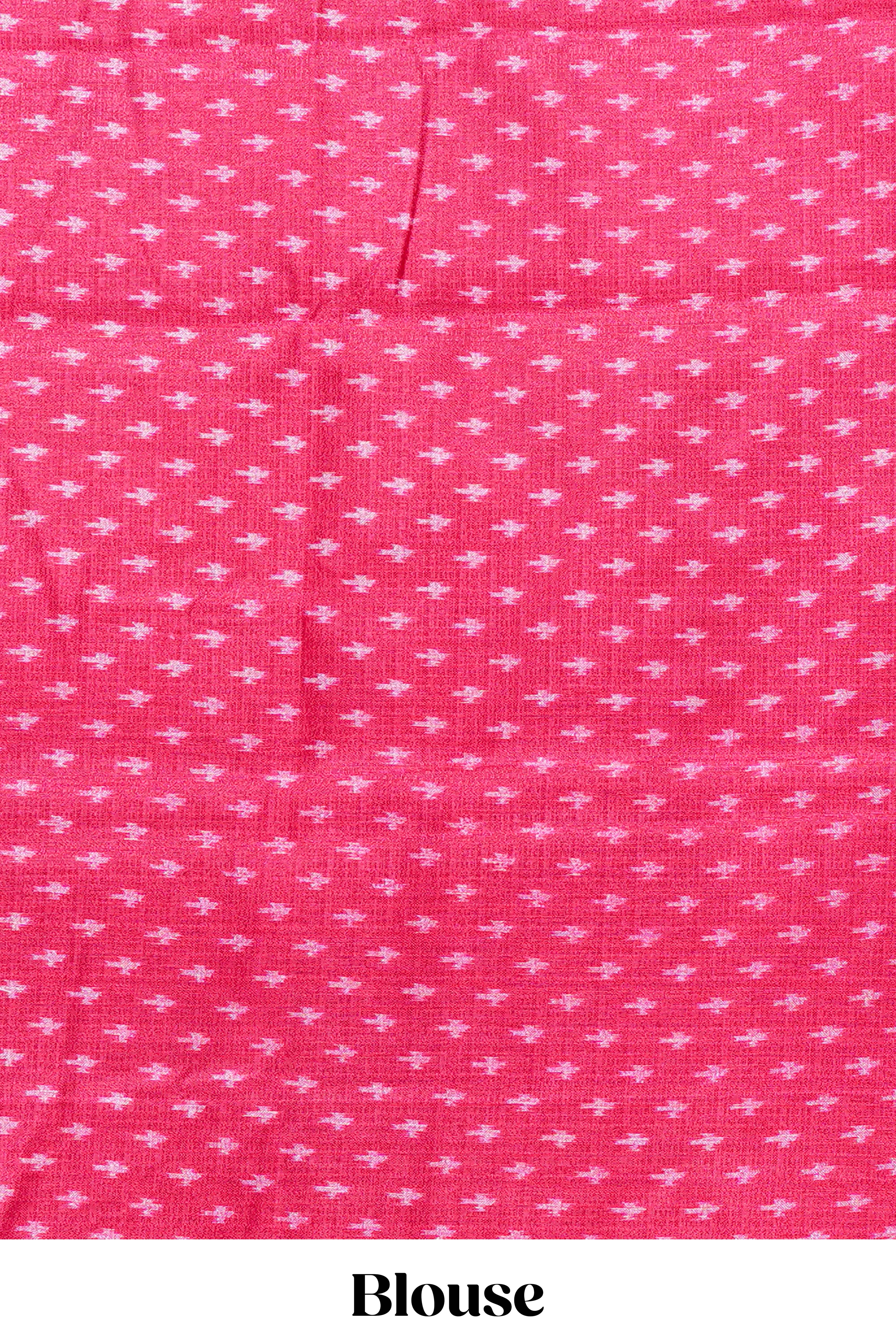 Pink & white geometric ikkat style south cotton saree with striped pallu and blouse
