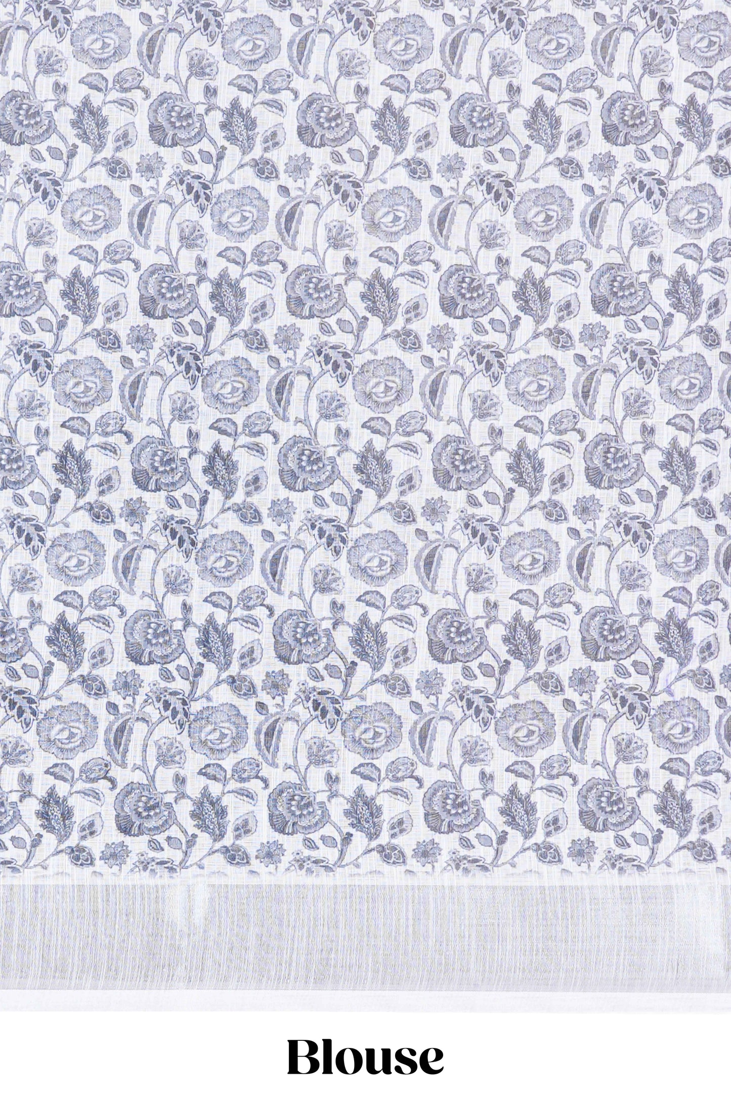 White floral design linen cotton saree with self silver zari border printed blouse