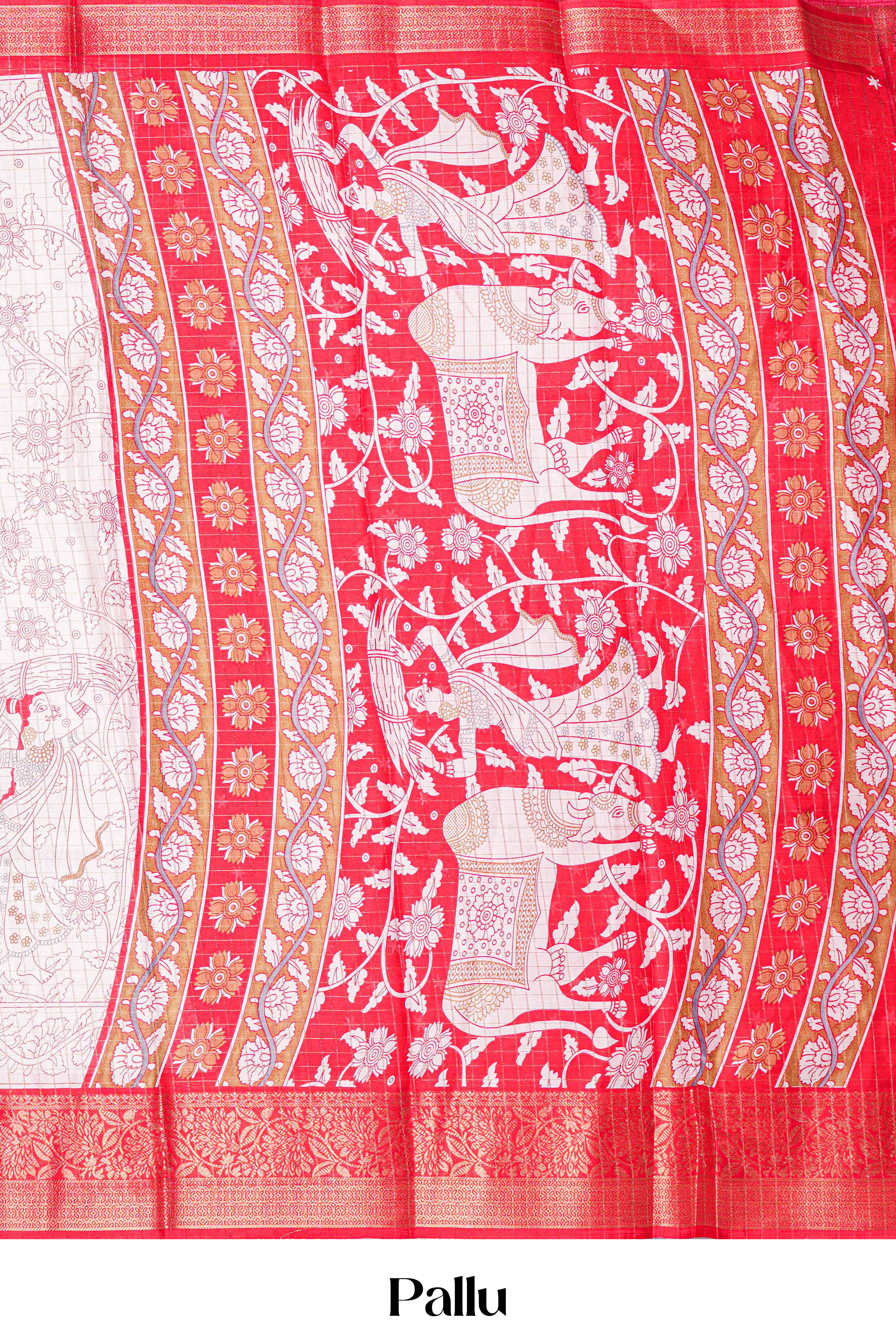 White Dola Silk Saree Detailing Pen Kalamkari Print With Contrast Pallu Along With Star Motifs Blouse