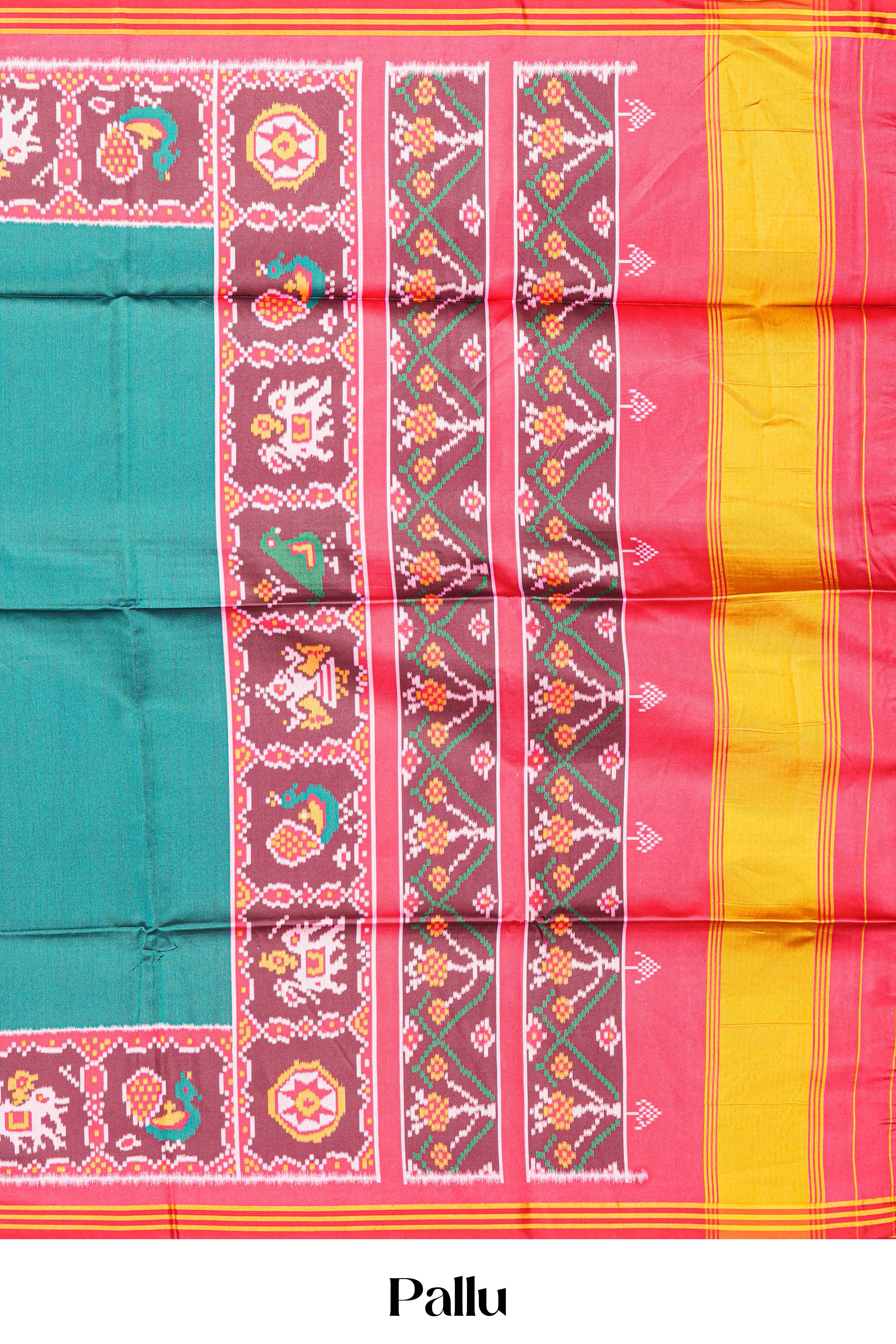 Peacock Green Art Silk Saree Plain Body With Patola Design Pallu Along With Contrast Blouse