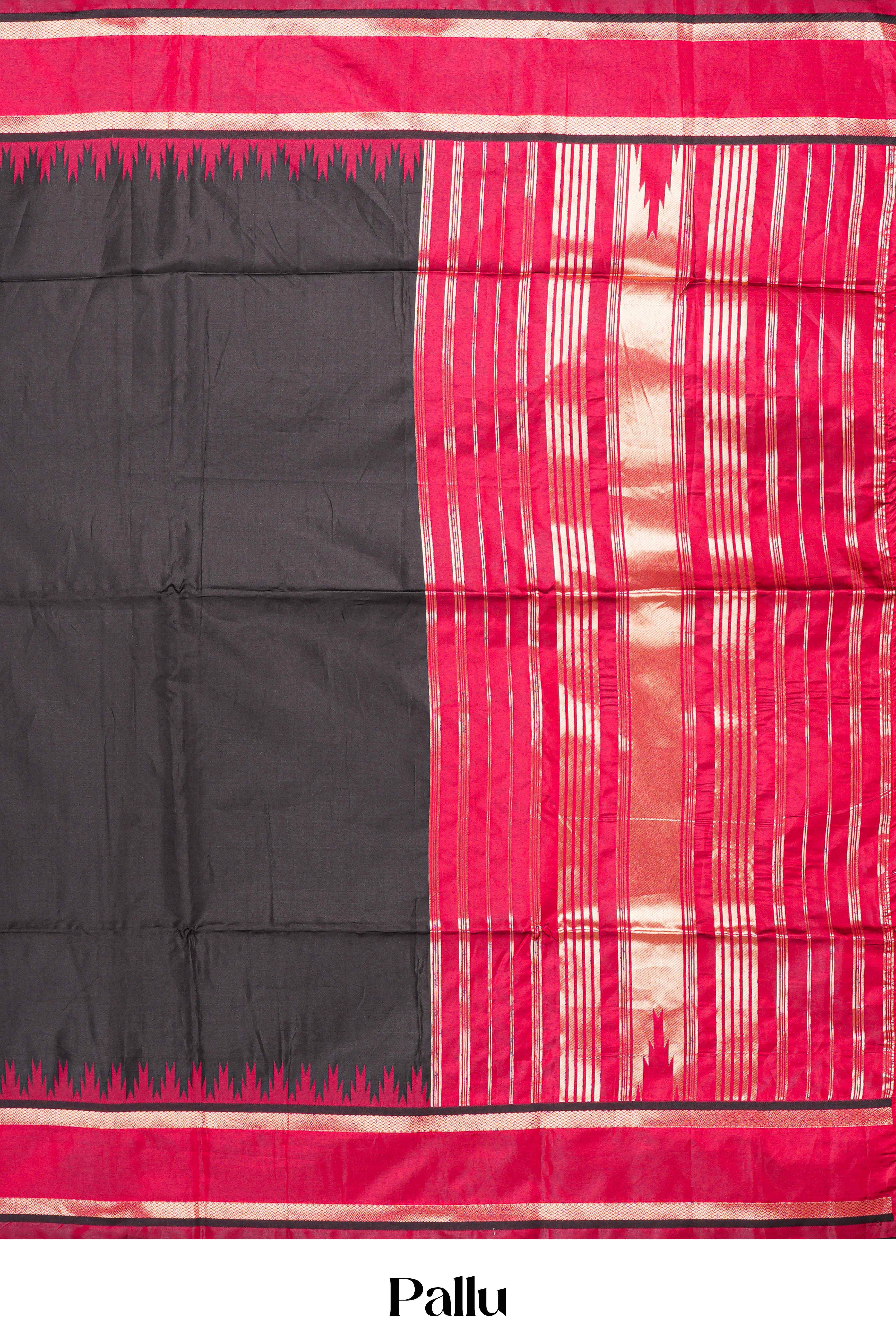 Black Art Silk Saree With Plain Body Contrast Gold Zari Stripes Pallu