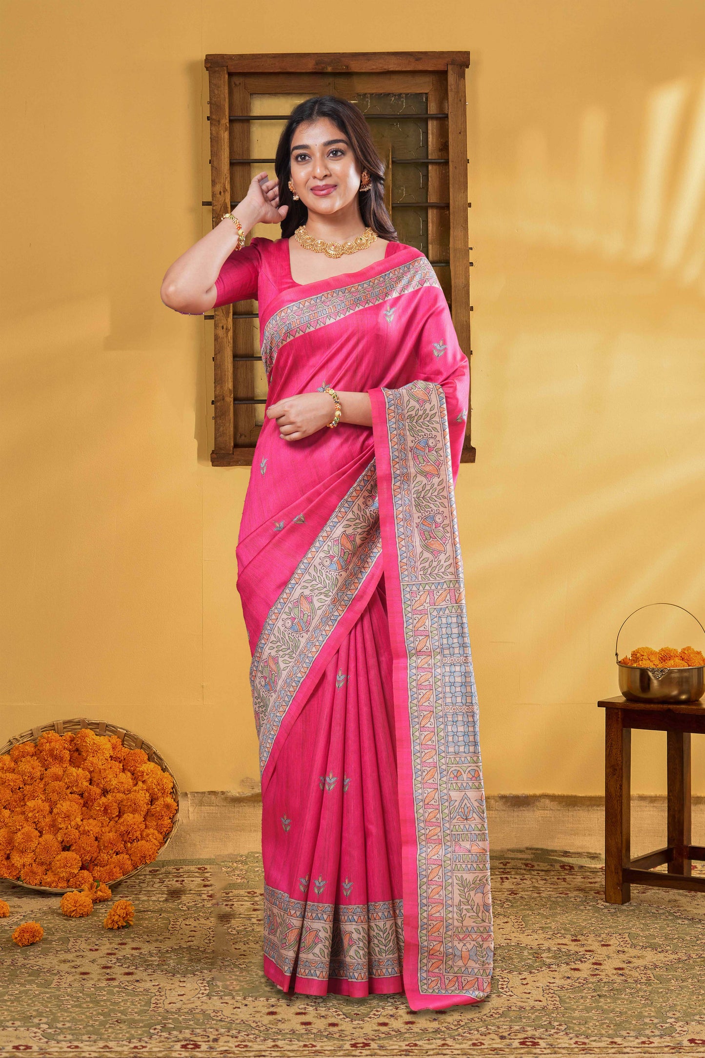 Art Tussar Saree Leaf Motifs Across The Body & Madhubani Print Pallu Along With Blouse