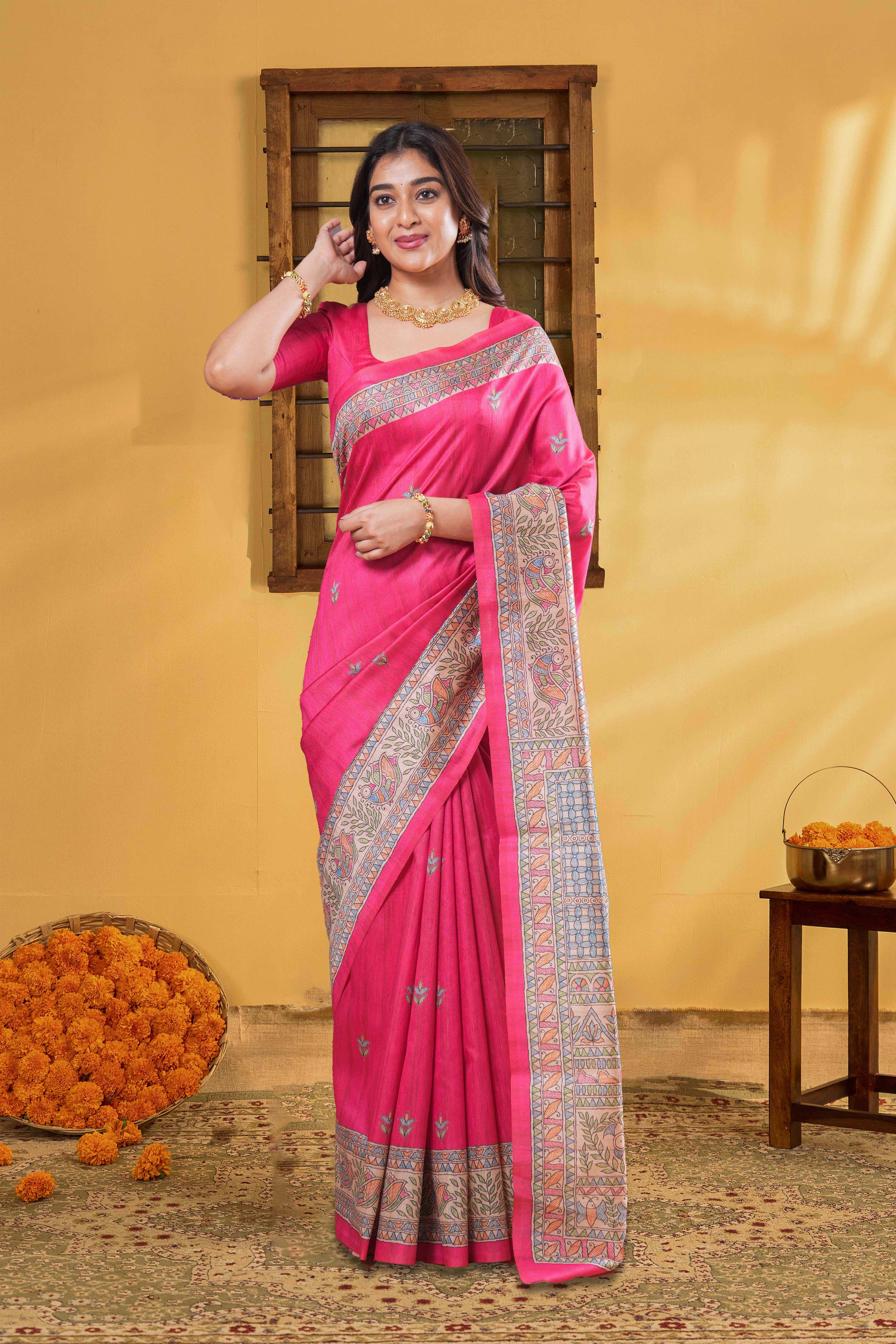 Art Tussar Saree Leaf Motifs Across The Body And Madhubani Print Pallu