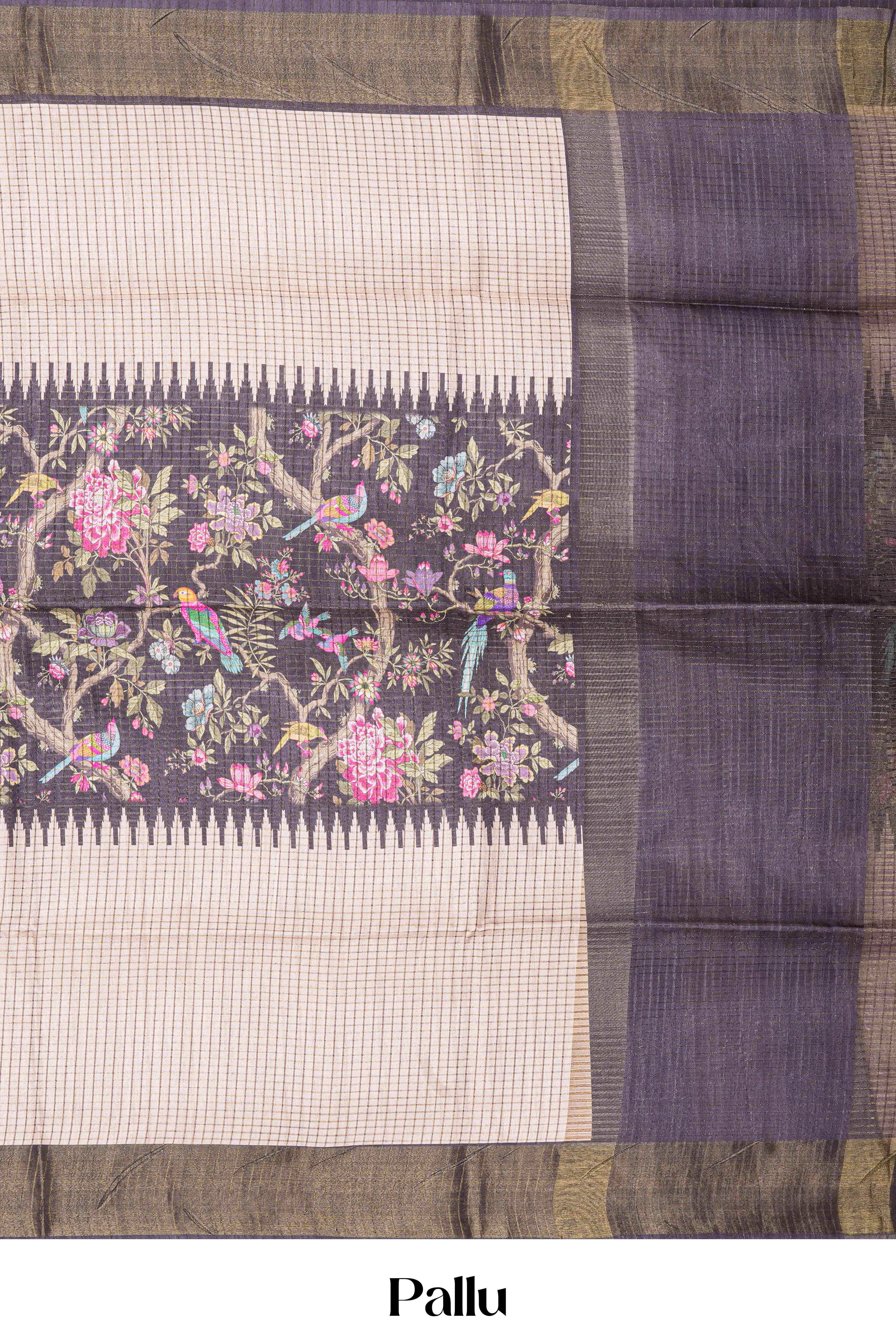 Sandal Art Tussar Saree Check s With Floral Design Across The Body Contrast Pallu With Blouse