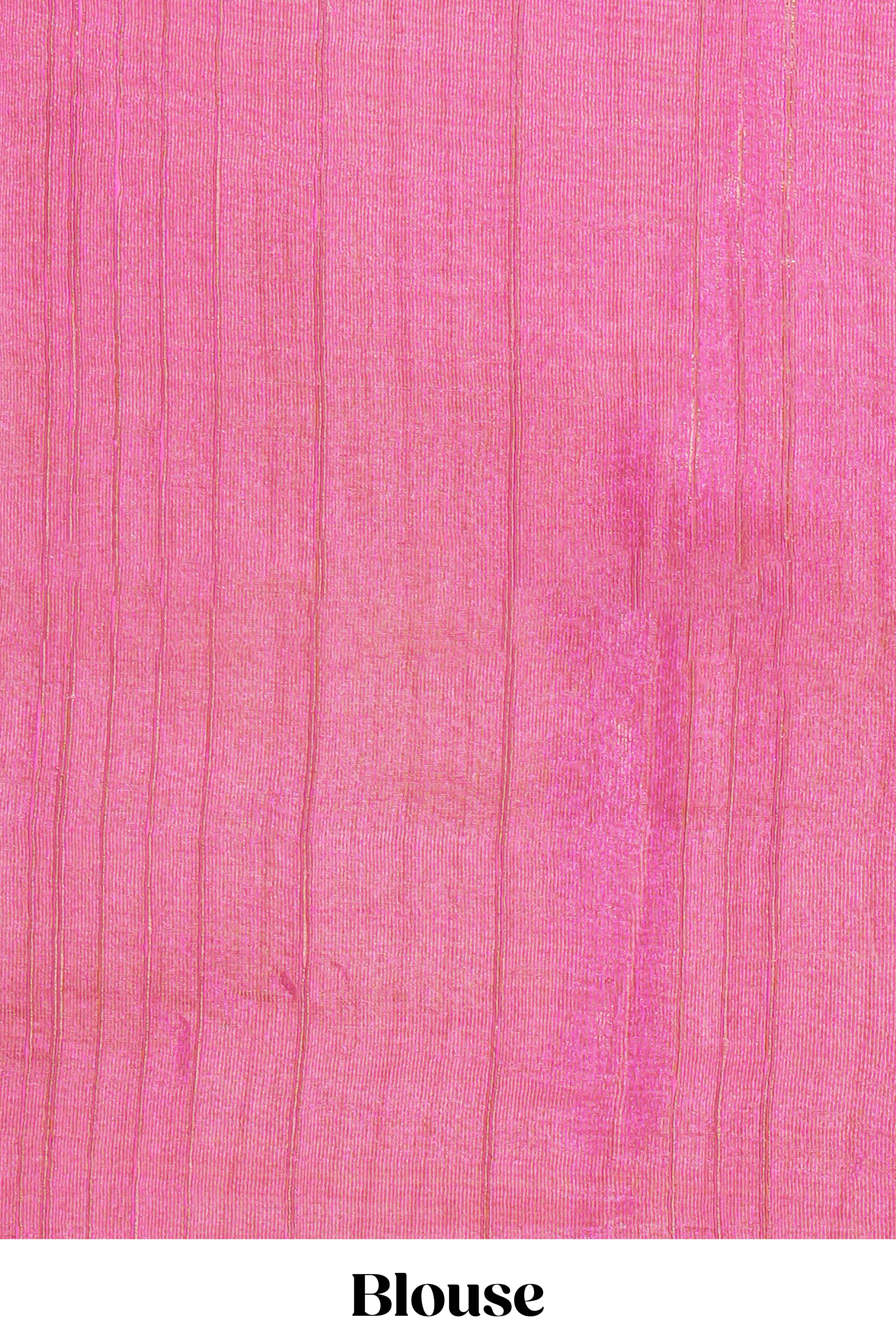Bright pink warli printed semi tussar sareewith contrast warli printed pallu and matching blouse