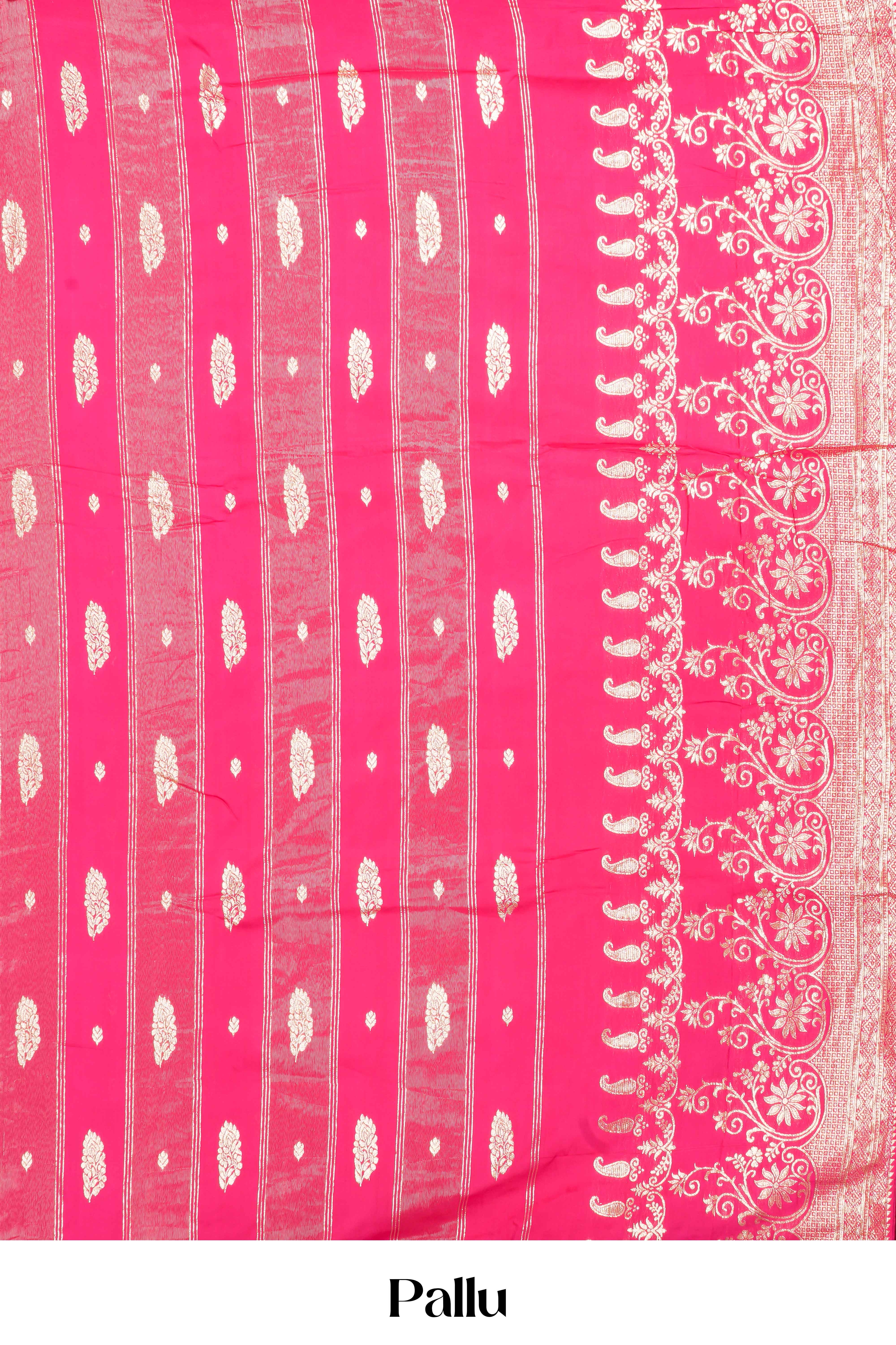 Rani Pink Viscose Georgette Saree Zari Woven Stripes, Floral Pattern Across The Body With Paisley Motifs Pallu