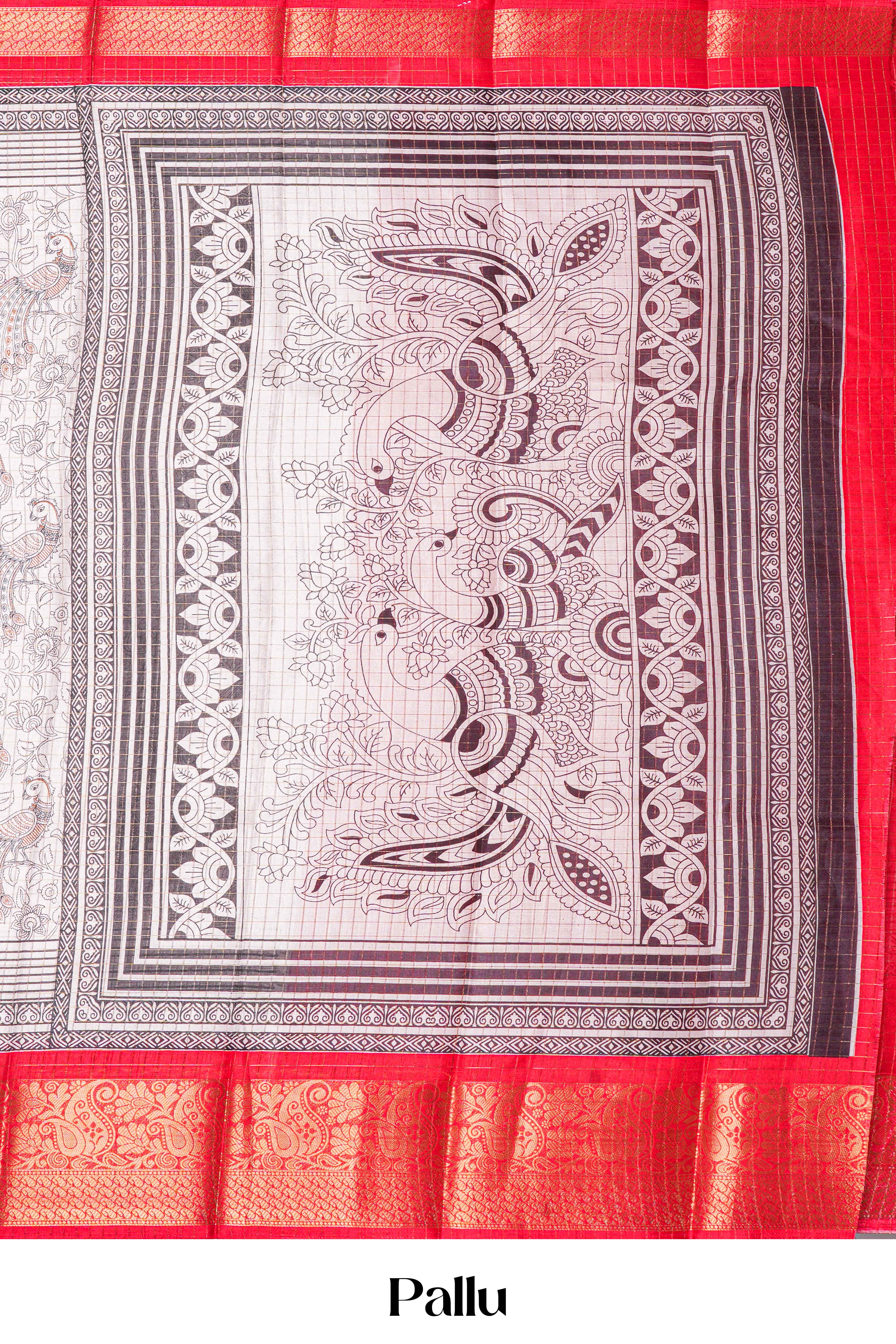 White Dola Silk Saree Pen Kalamkari Print Across The Body With Contrast Floral Zari Weaving Border Along With Zari Stripes Blouse