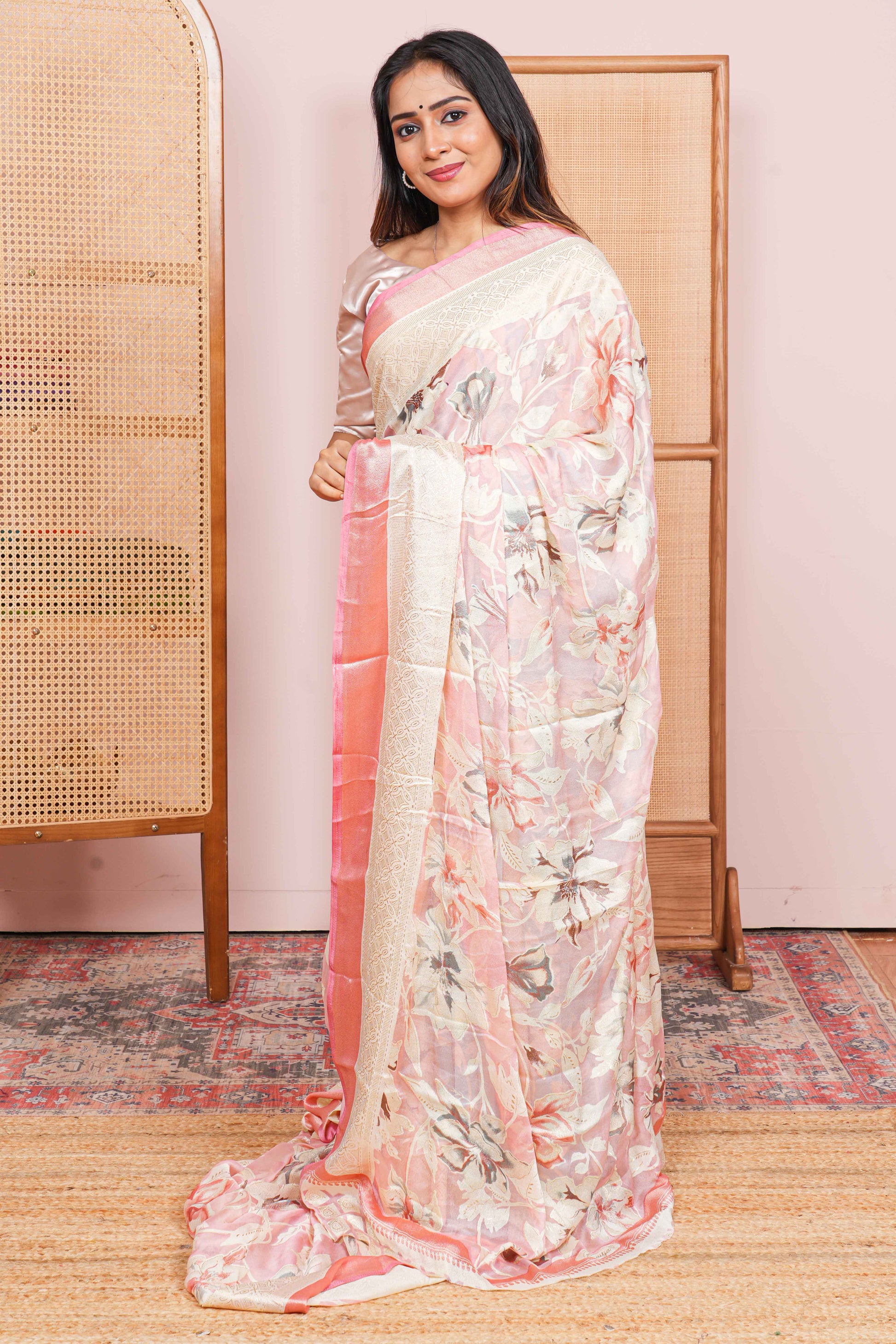 pink brasso saree with contrast blouse