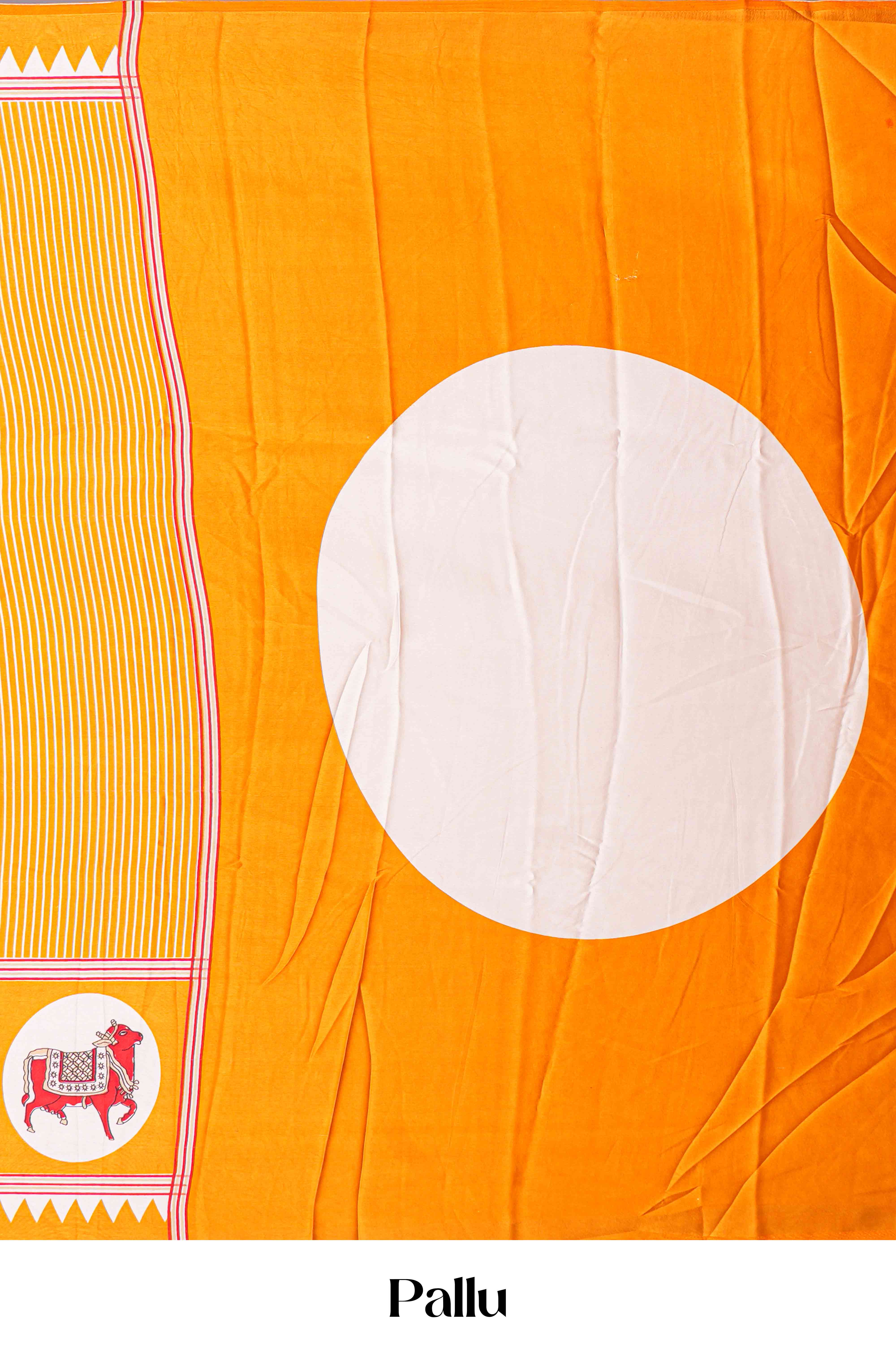 Vibrant Yellow Modal Silk Saree The Body Has Fine Vertical White Stripes The Border Are Highlighted Pichwai Design Along With Ajrakh Printed Blouse