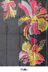 Black south cotton Saree With Multi Color Orchid Printed Across The Body Along With White Dotted Blouse