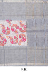 Grey Art Tussar Saree Traditional Madhubani Print Across The Body With Zari Stripes Pallu