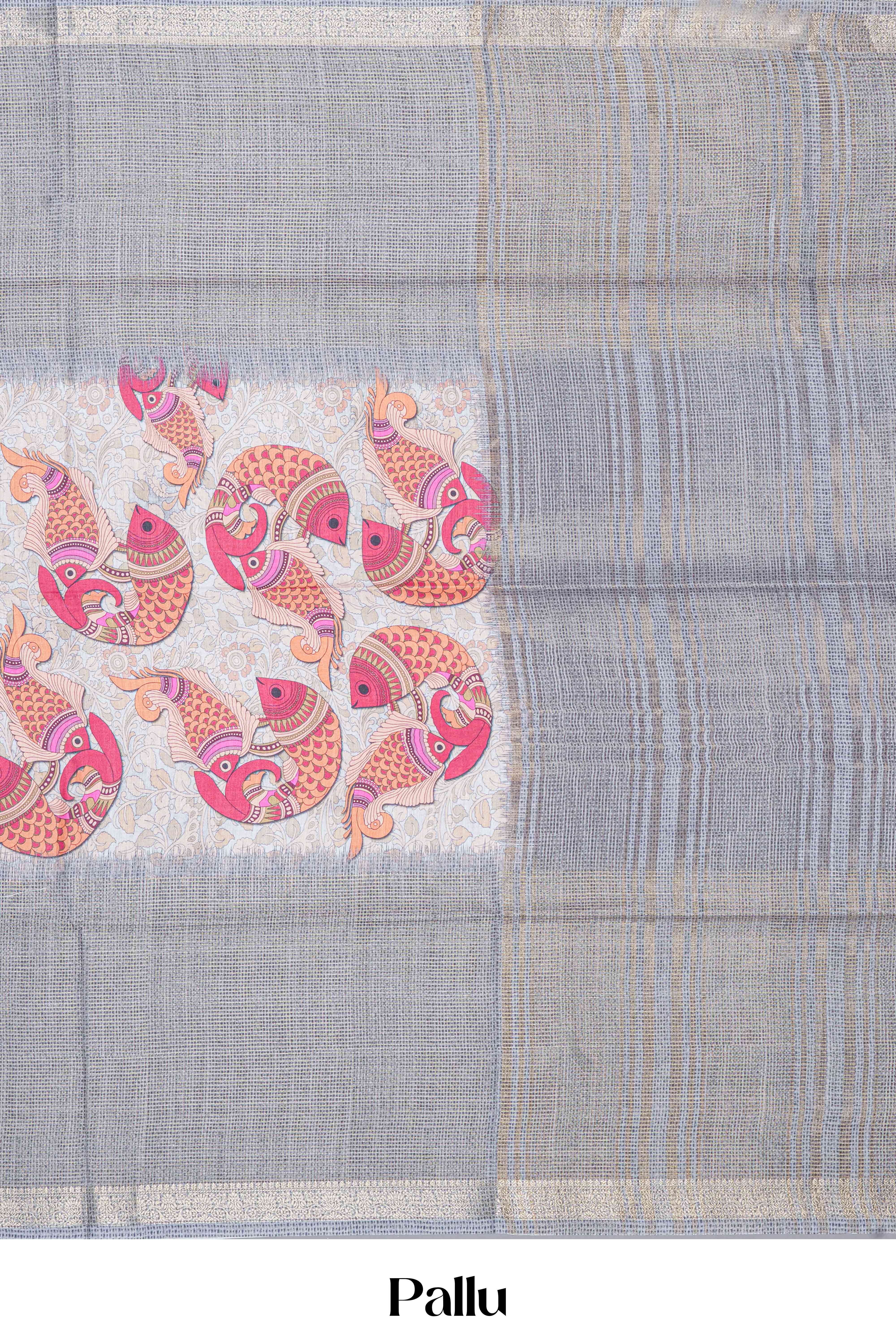 Grey Art Tussar Saree Traditional Madhubani Print Across The Body With Zari Stripes Pallu
