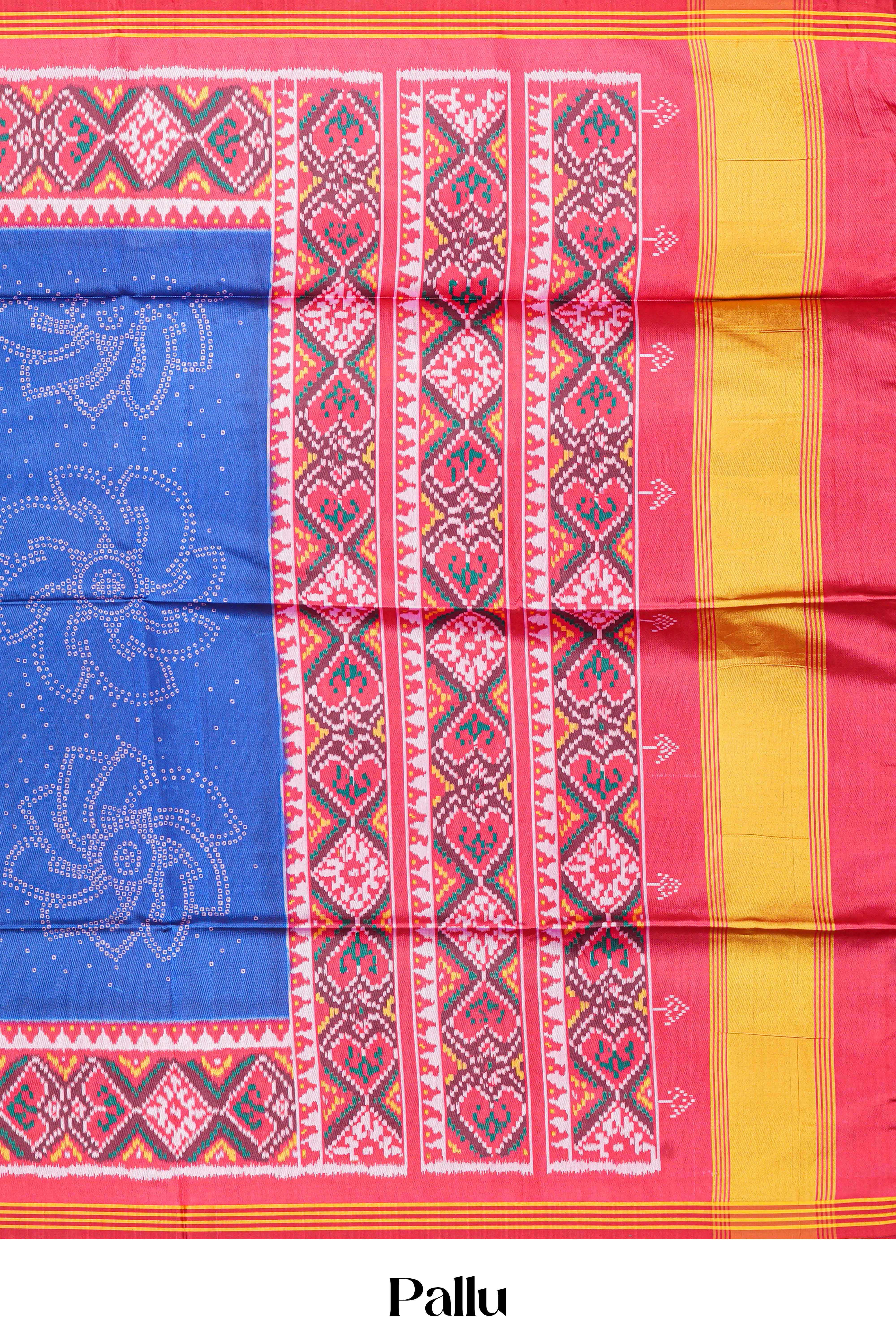 Blue Art Silk Saree Bandhani Design Across The Body With Contrast Patola Design Pallu Along With Blouse