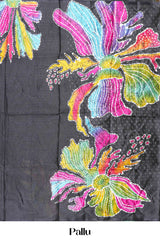 Black south cotton Saree With Multi Color Orchid Printed Across The Body Along With White Dotted Blouse