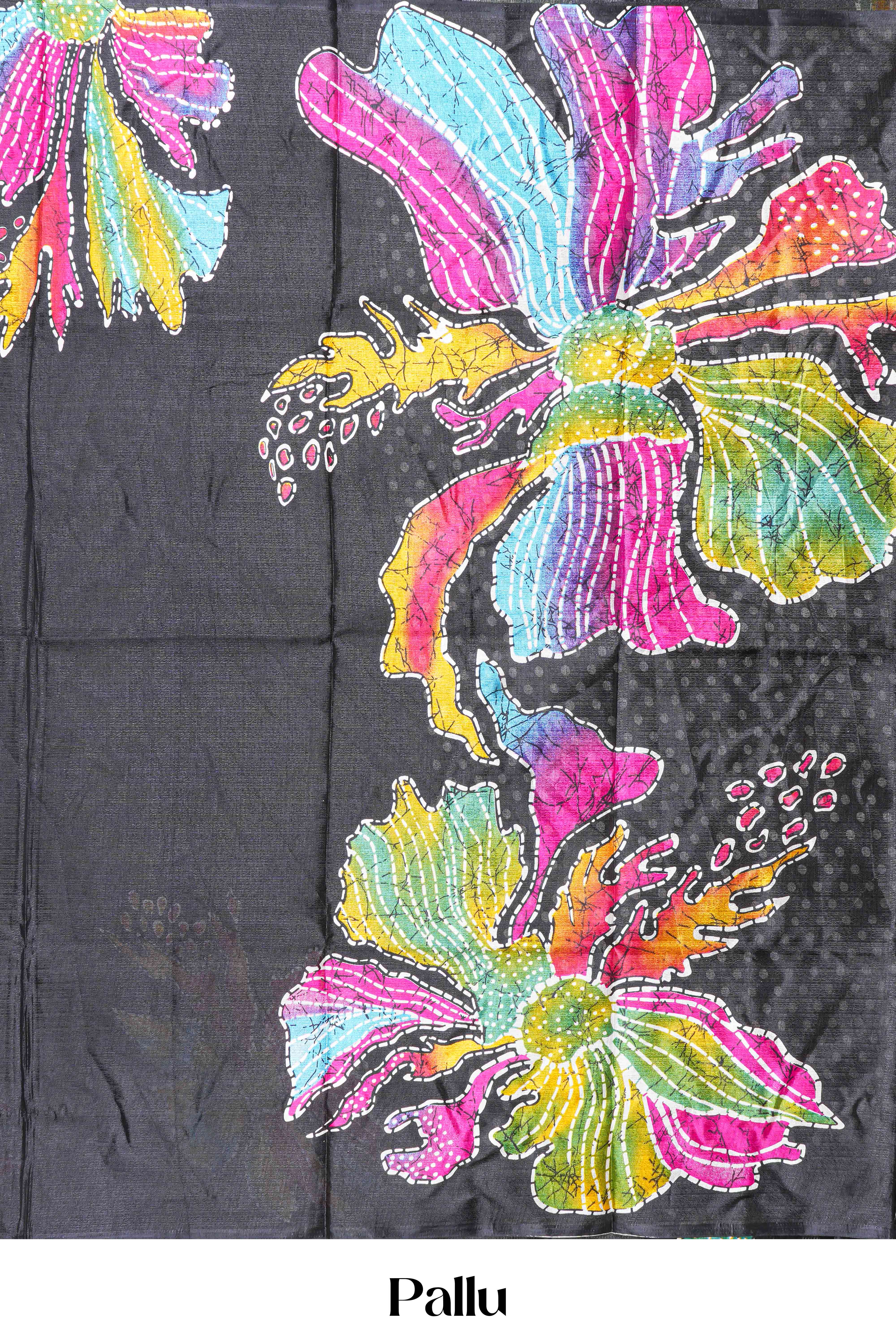 Black south cotton Saree With Multi Color Orchid Printed Across The Body Along With White Dotted Blouse
