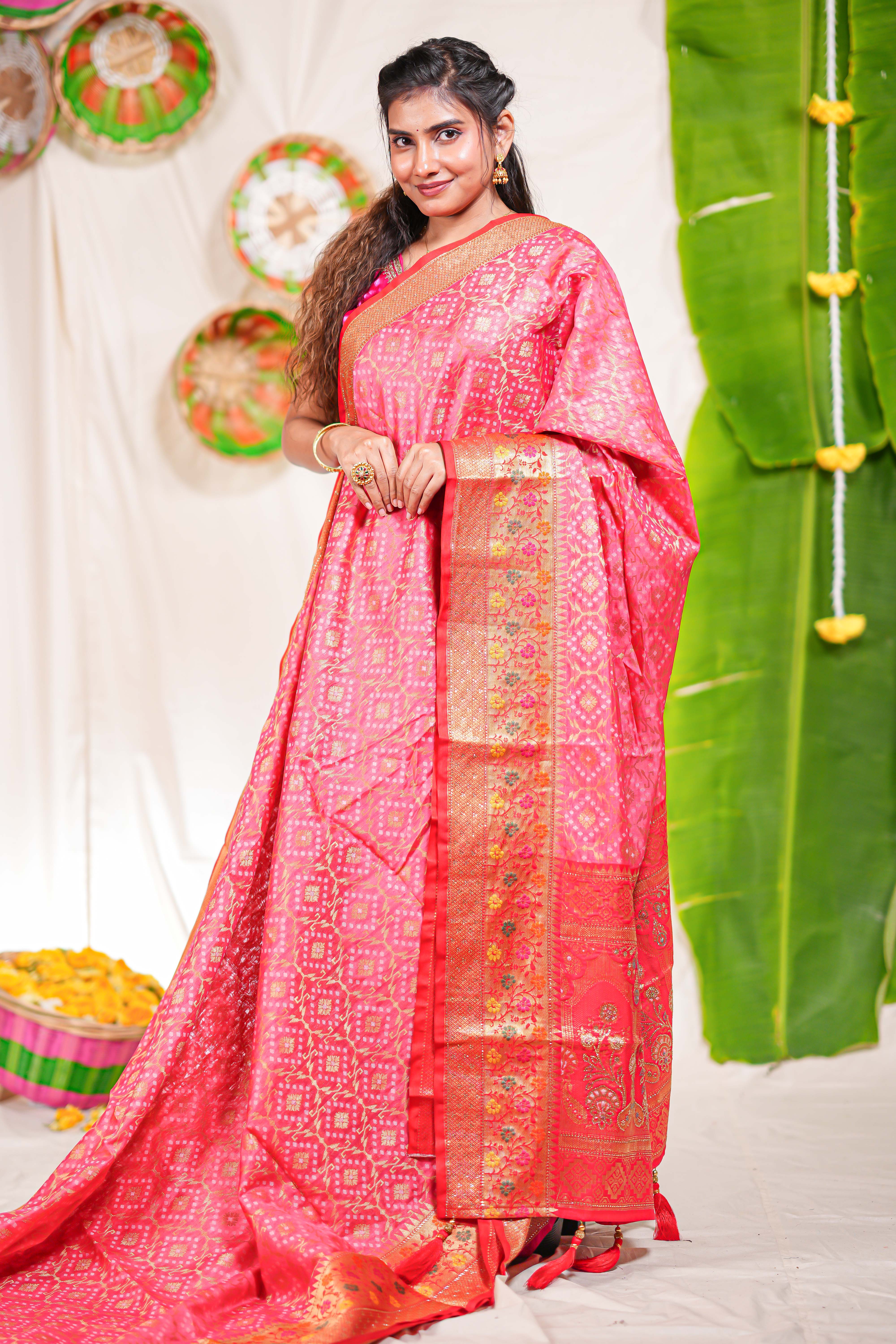 Pink geometric design kota cotton saree with contrast border and printed pallu