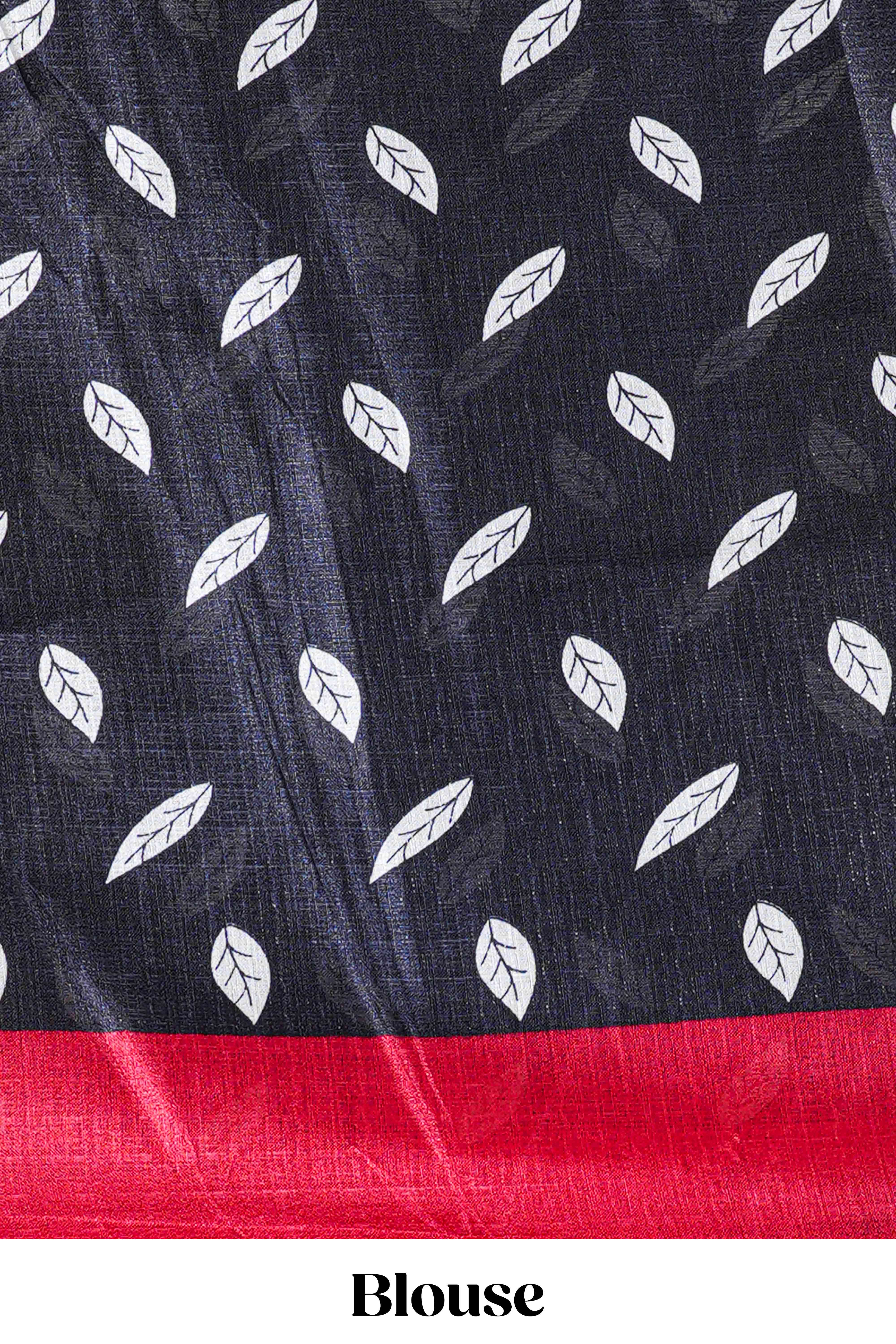 Black floral design kalamkari print south cotton saree with contrast border and matching blouse