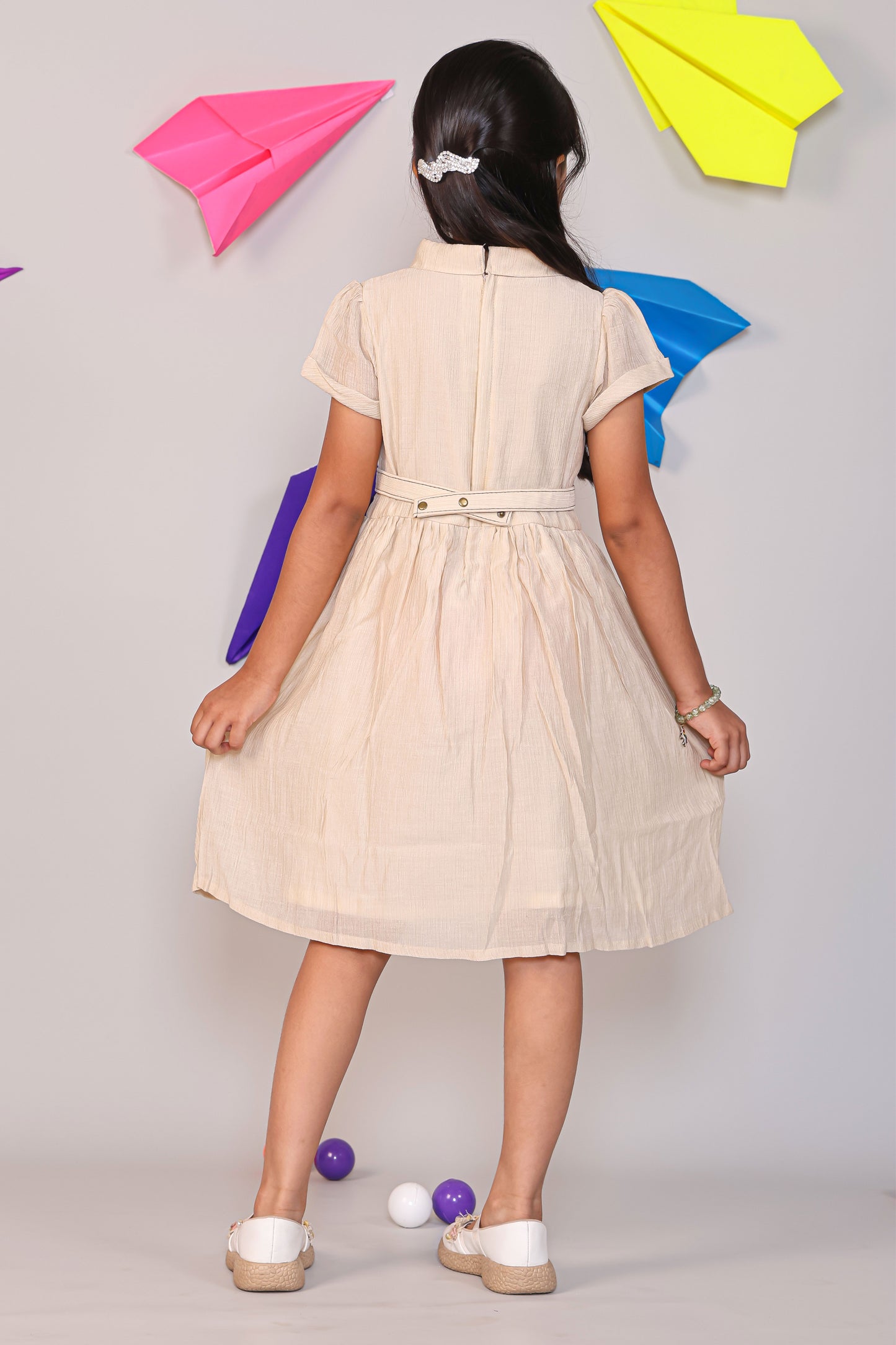 Girls Beige Cotton A-Line Frock - Collared Casual Summer Dress with Belt