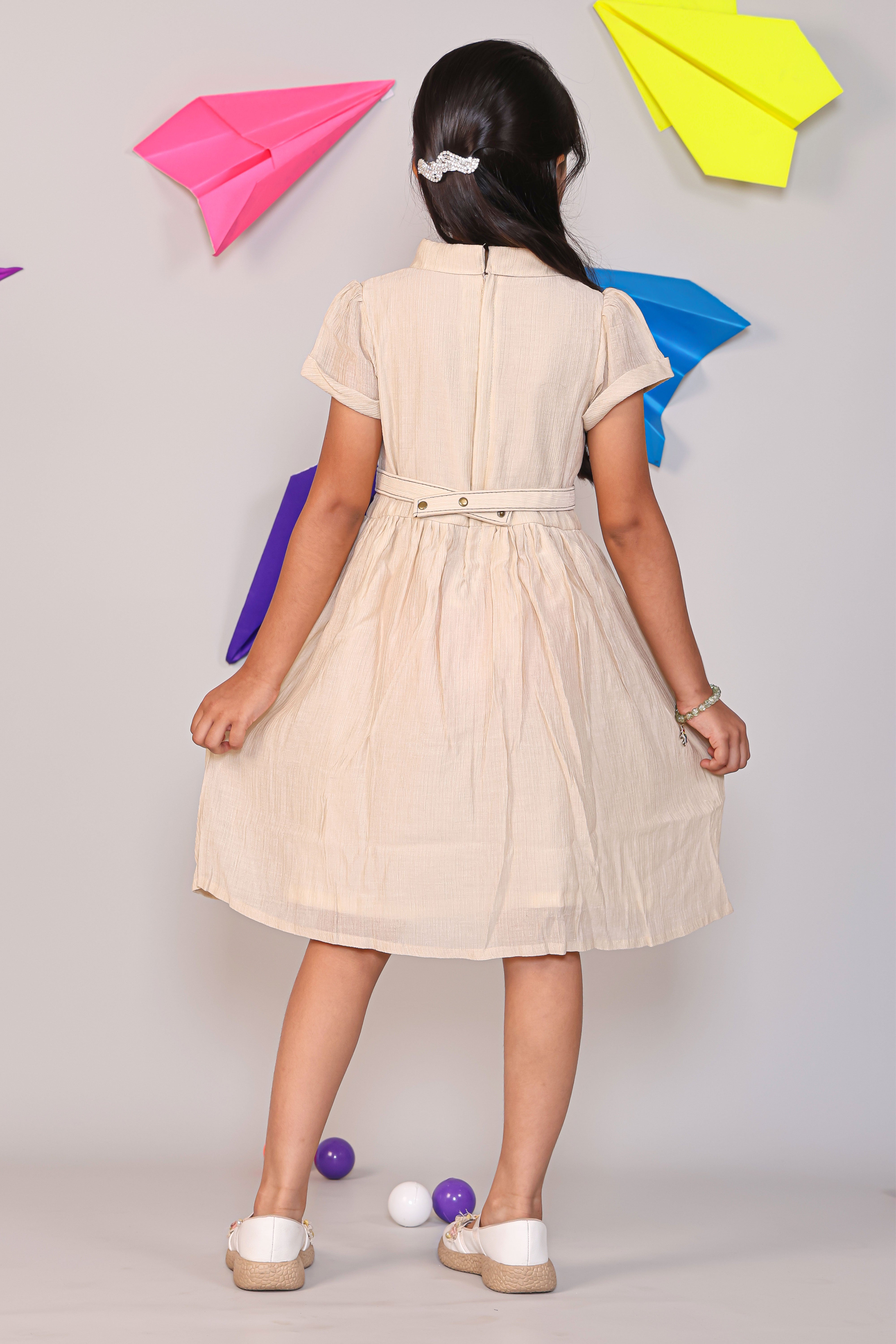 Girls Beige Cotton A-Line Frock - Collared Casual Summer Dress with Belt
