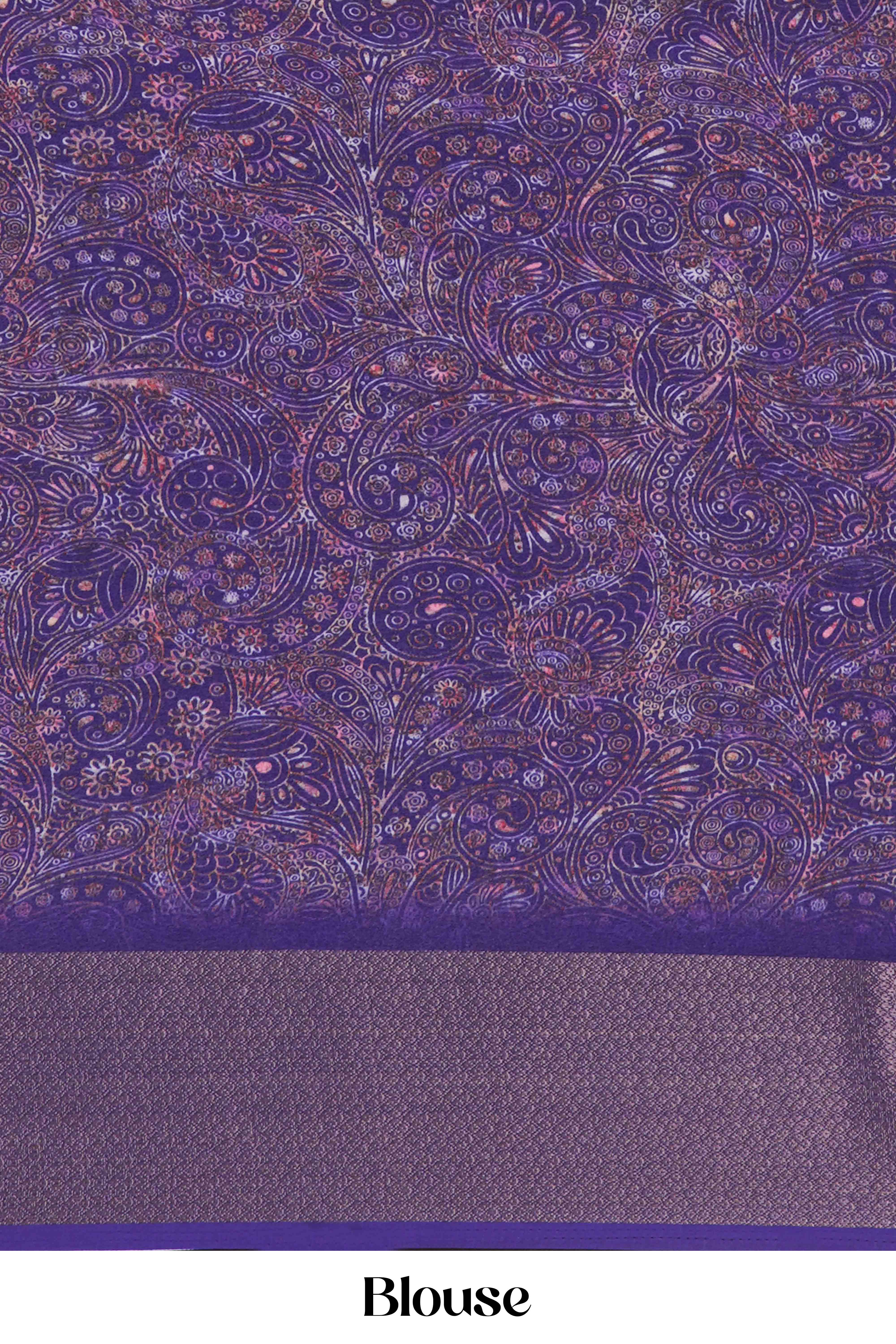 Lavender Semi Chiffon Saree pattachitra Printed Across The Body and Jacquard Border Along With Floral Design and Blouse