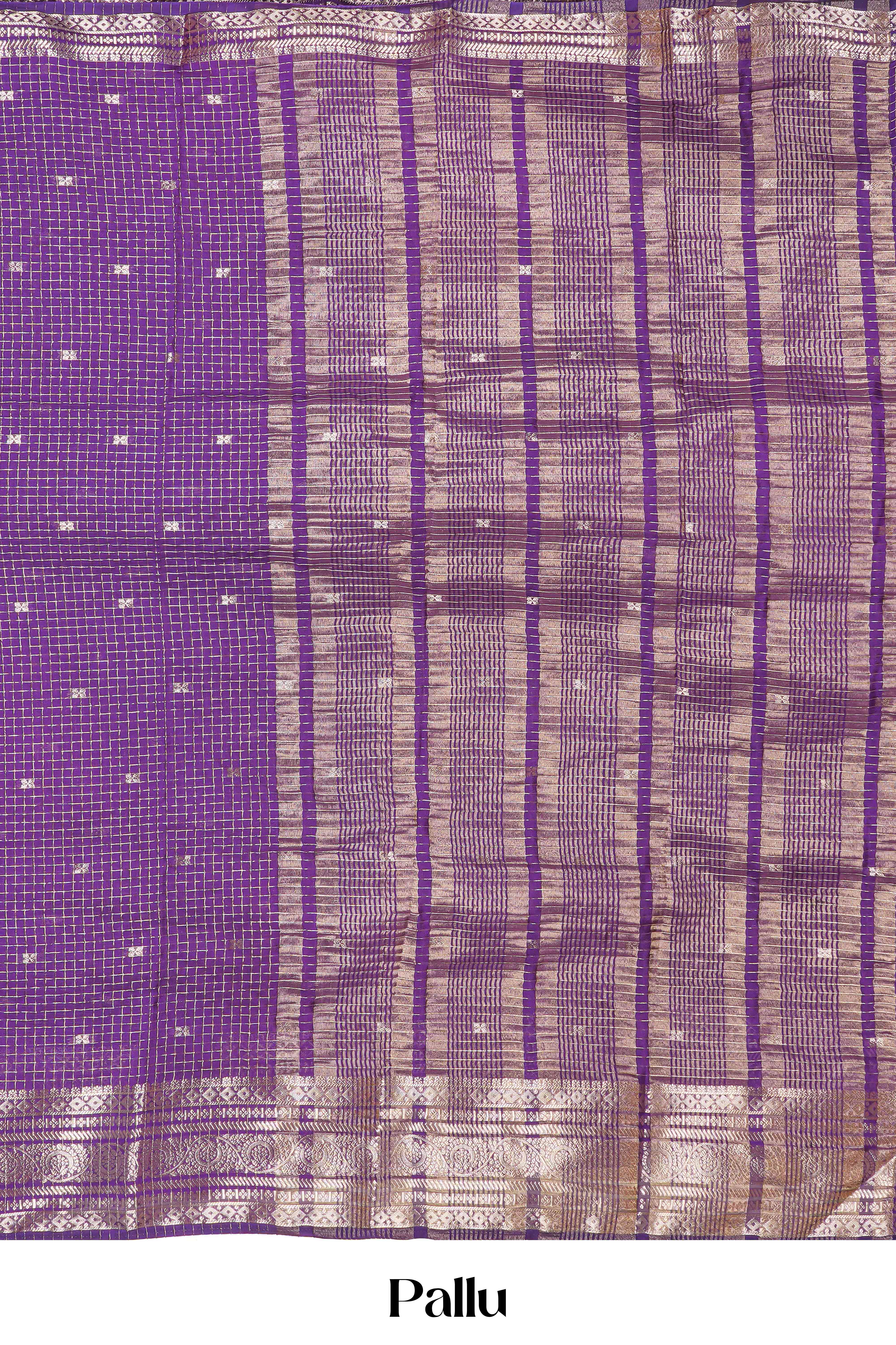 Violet Georgette Saree Golden Zari Check Pattern And Small Butta Across The Body With Zari Weaving Stripes Pallu