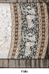 Dola Silk Saree Pen Kalamkari Print Across The Body With Contrast Floral Zari Weaving Border Along With Zari Stripes Blouse
