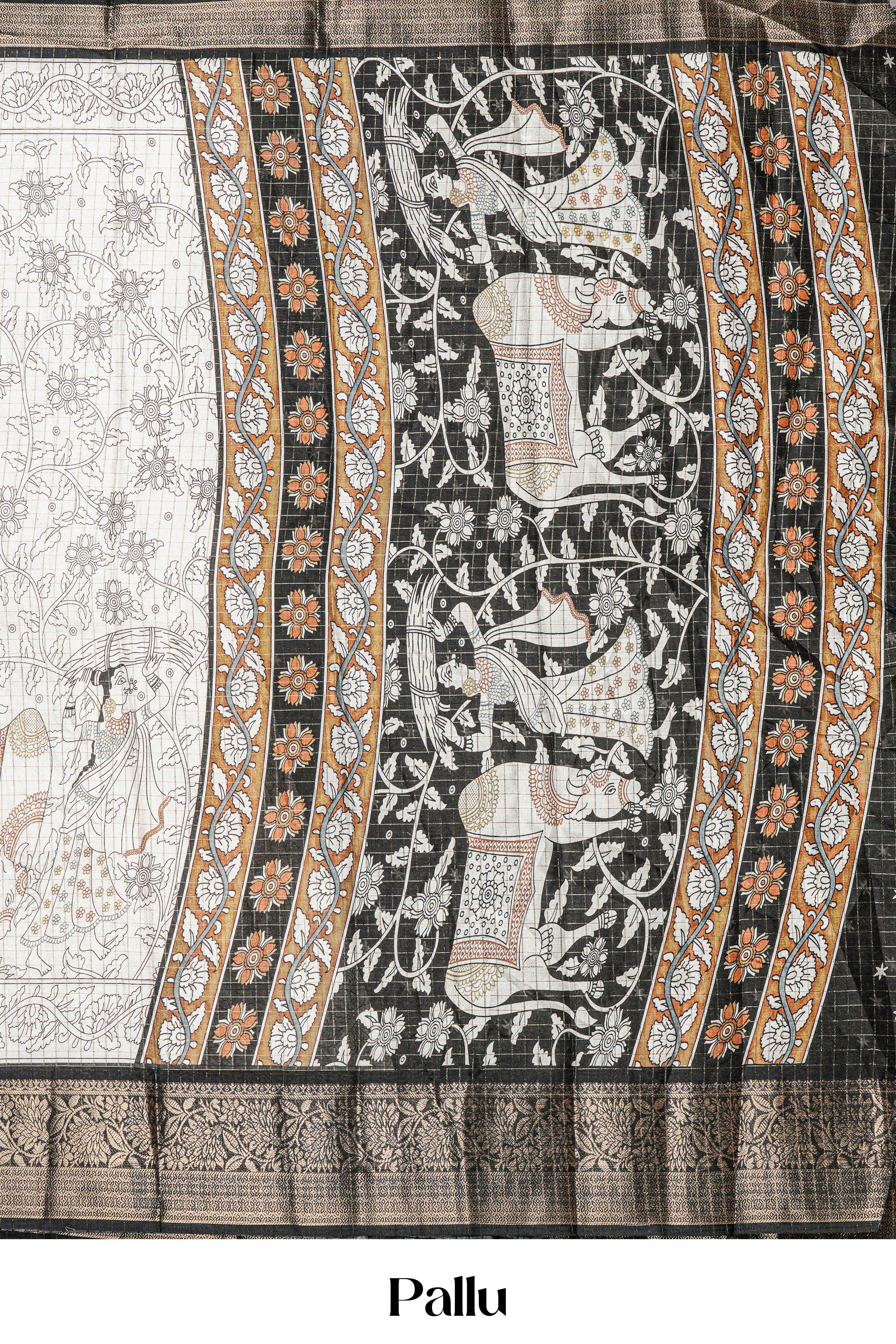 Dola Silk Saree Pen Kalamkari Print Across The Body With Contrast Floral Zari Weaving Border Along With Zari Stripes Blouse