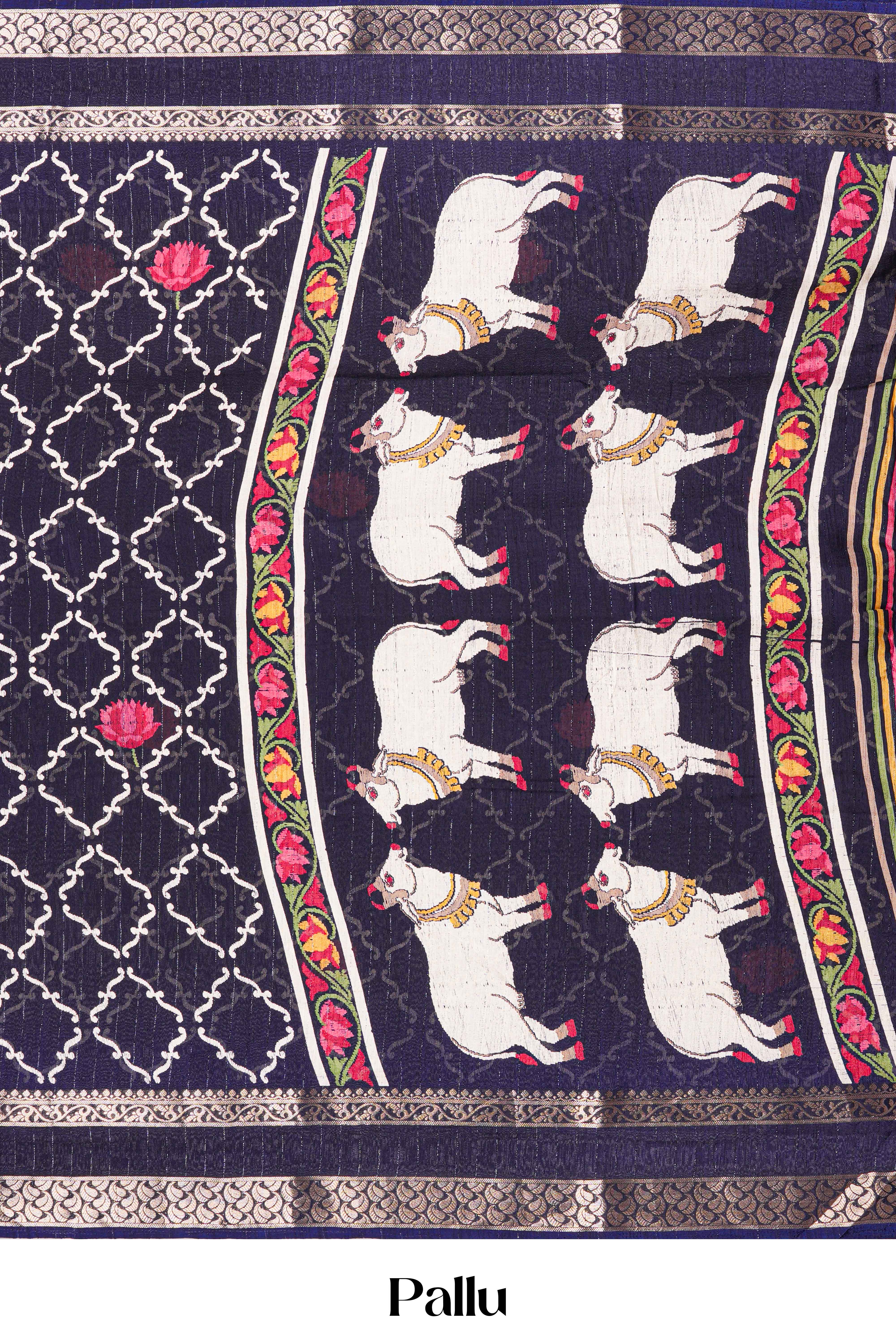 Navy Blue Dola Silk Saree Jaali Design ,Pink Lotus Motifs Across The Body With Gold Zari Bentex BorderPichwai Design Pallu Along With Blouse