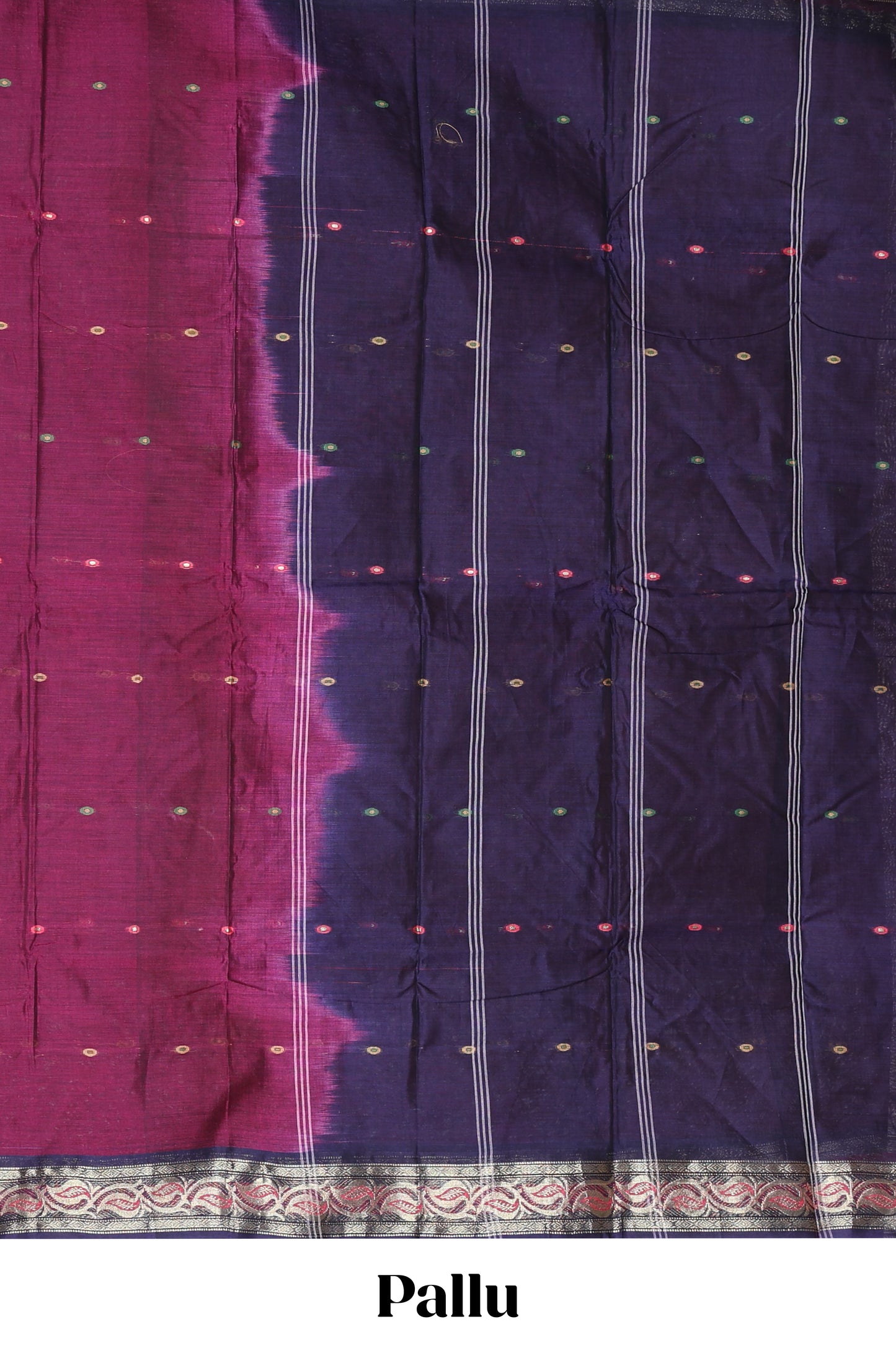 Purple small butta bengal cotton saree with contrast zari border and striped pallu