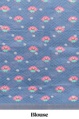 Blue Tussar Saree checkered body artistic elephant and floral prints and contrasting border with tassel along with blouse piece