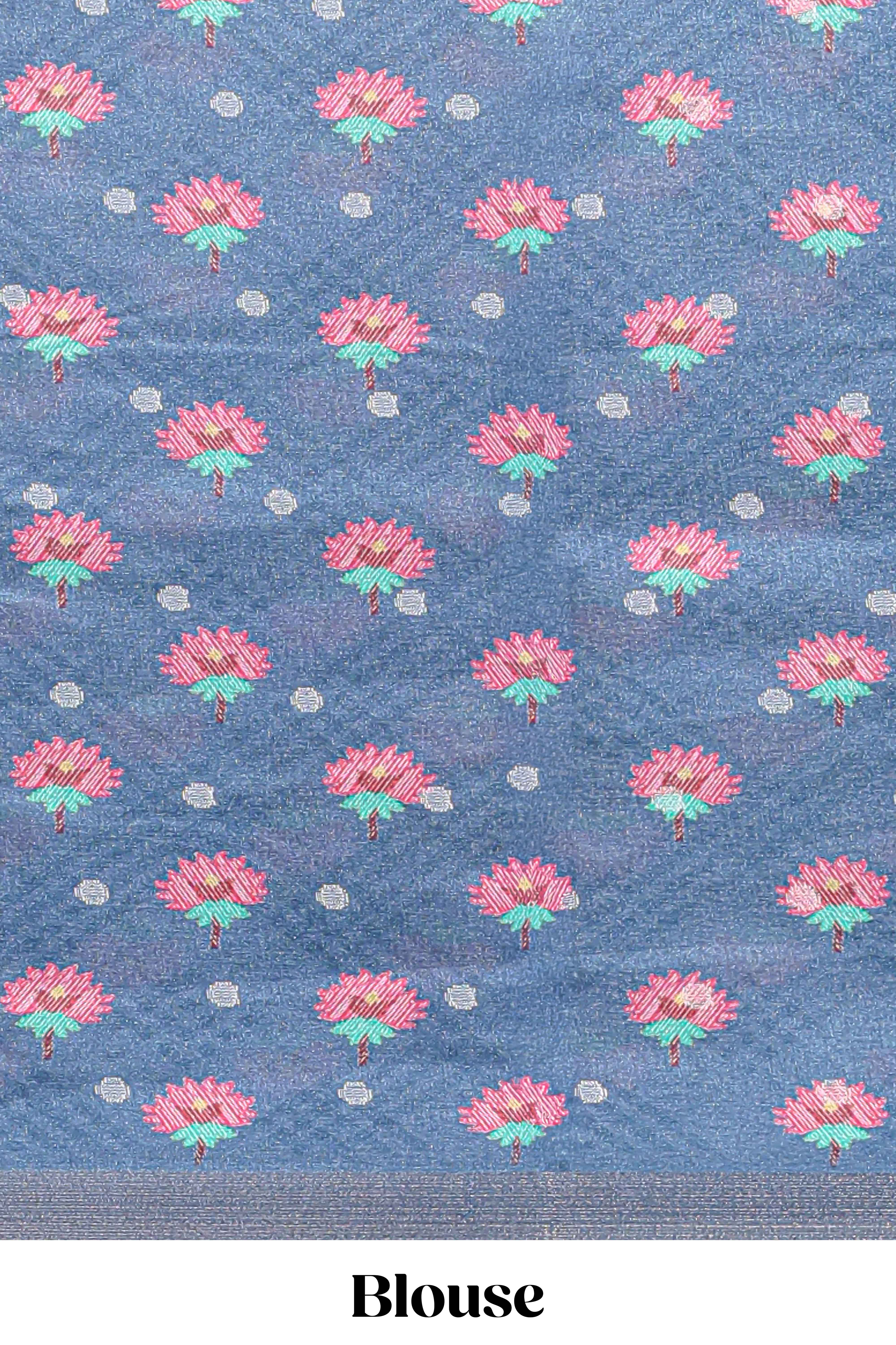 Blue Tussar Saree checkered body artistic elephant and floral prints and contrasting border with tassel along with blouse piece
