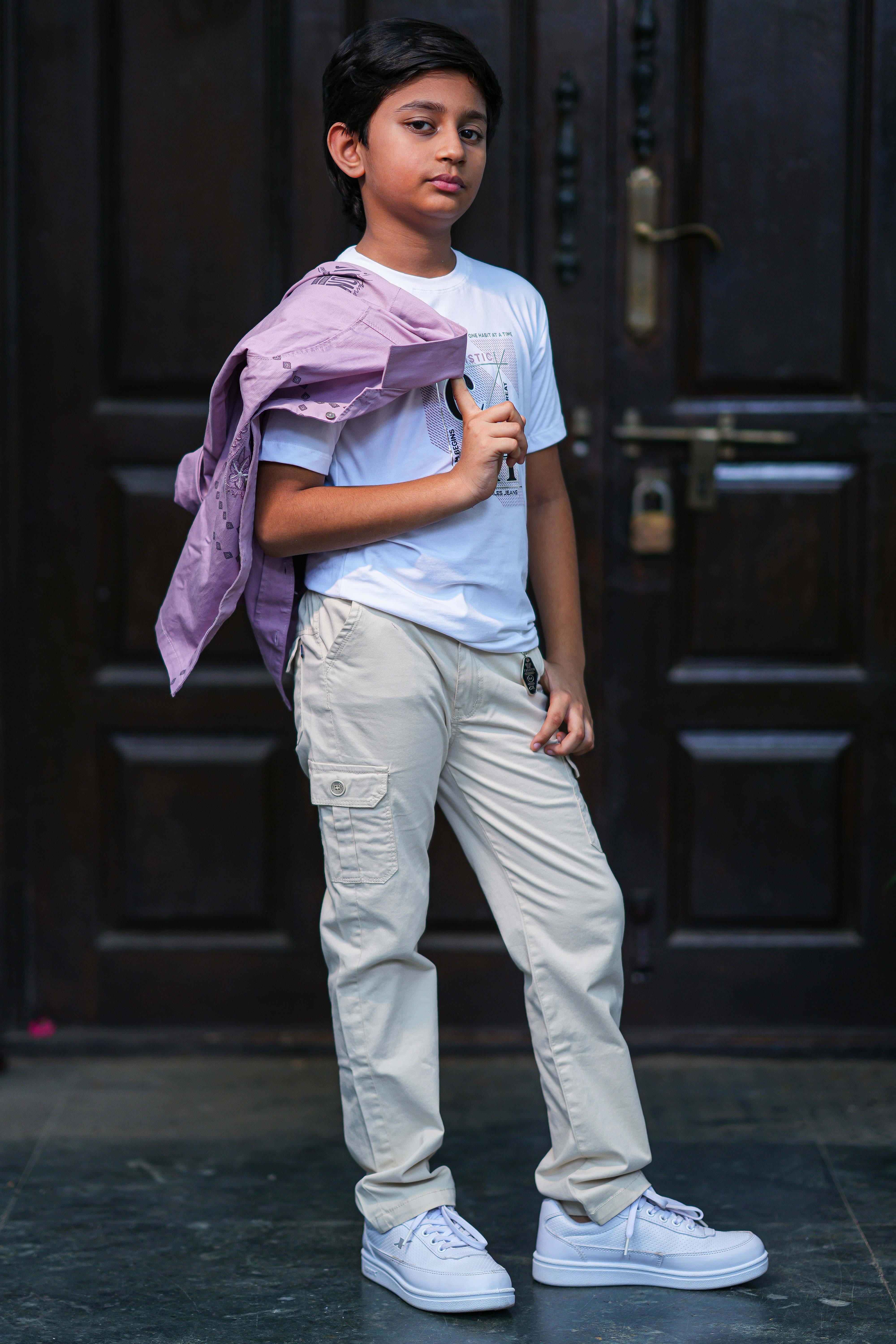 Kids Lavender Button-Down Shirt and Graphic T-Shirt Combo with Cream Cargos