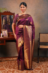 Maroon colour Semi soft Silk Saree Gold Zari Buttas design with Floral Woven Zari Border and Matching Blouse
