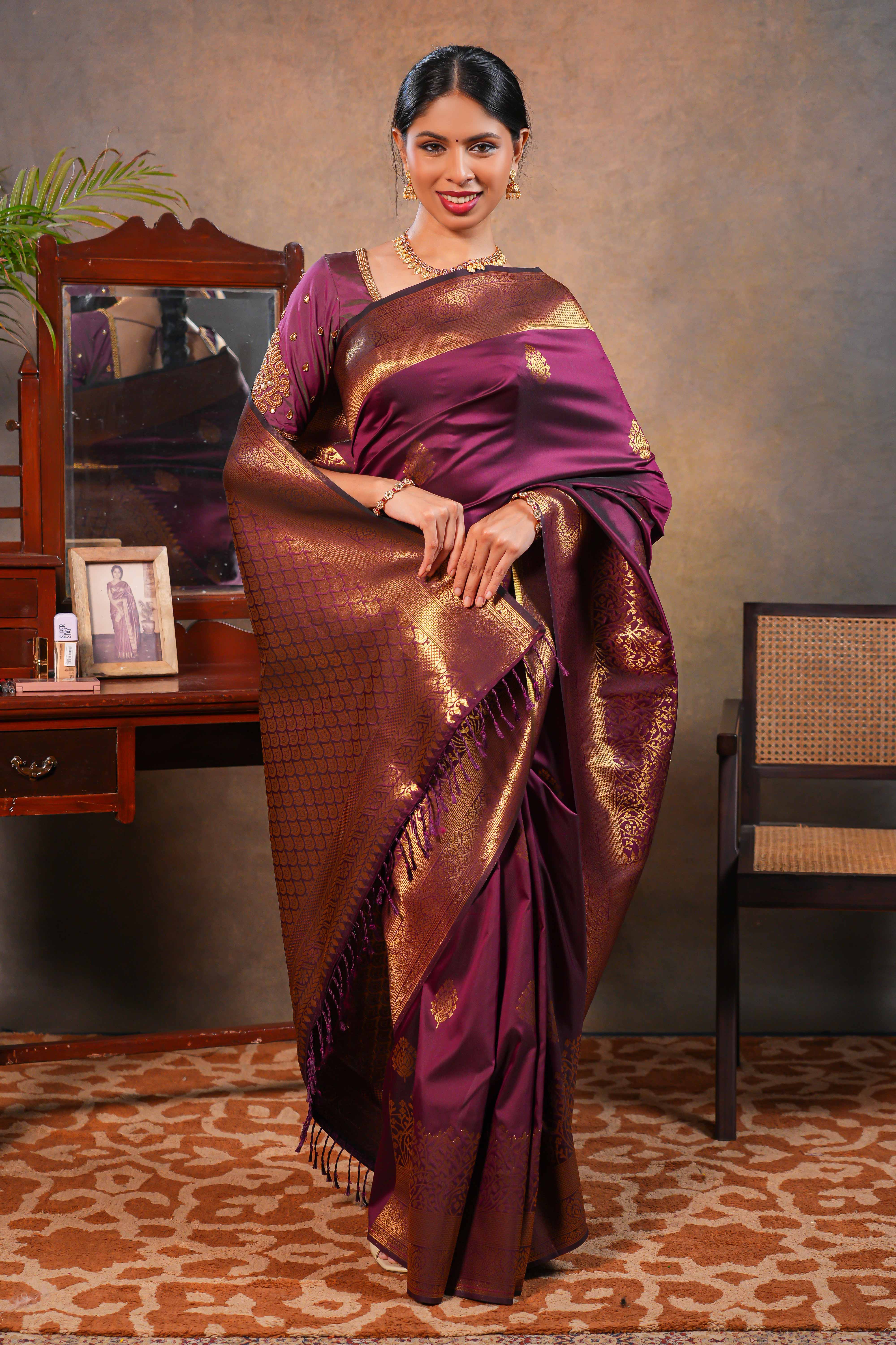 Maroon colour Semi soft Silk Saree Gold Zari Buttas design with Floral Woven Zari Border and Matching Blouse