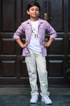 Kids Lavender Button-Down Shirt and Graphic T-Shirt Combo with Cream Cargos
